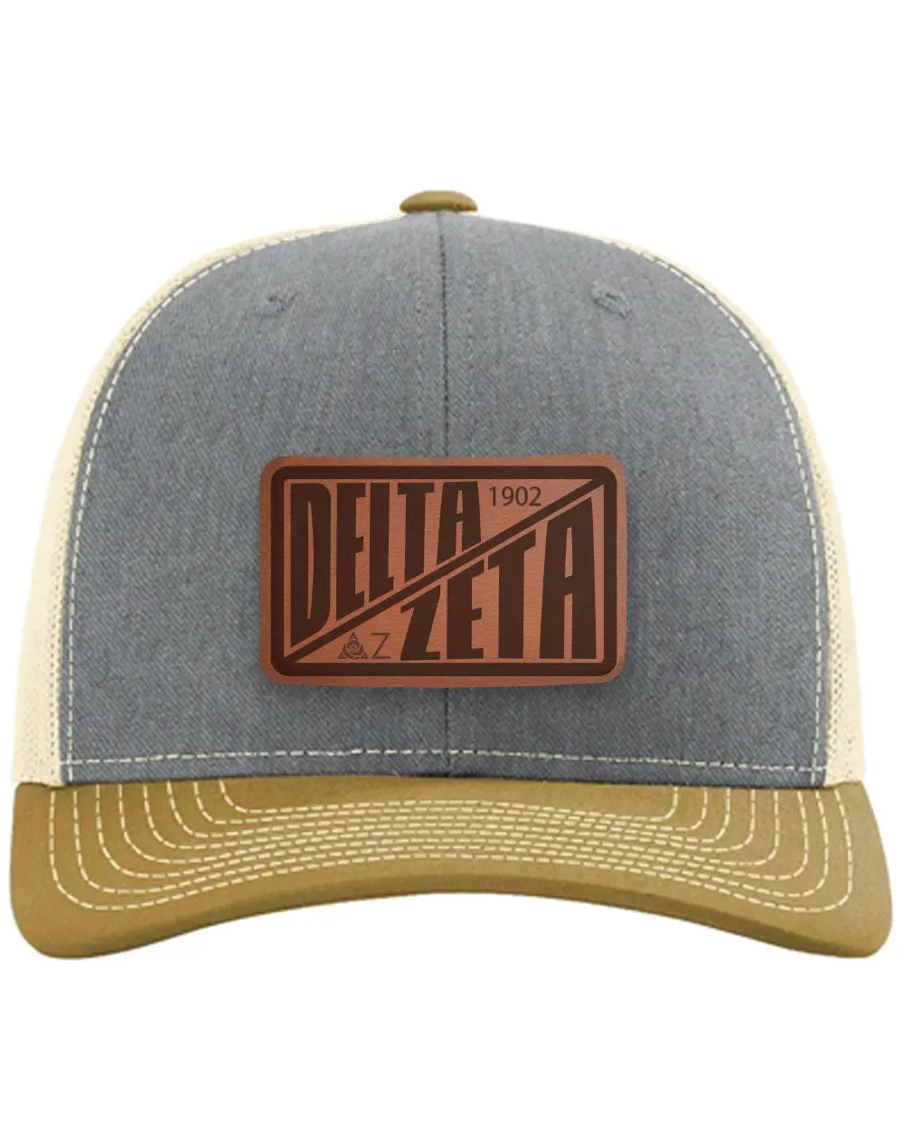 Delta Zeta Richardson 112 Leatherette Patch Trucker Hat - Divide Heather Gray Birch Amber Gold Trucker Hat