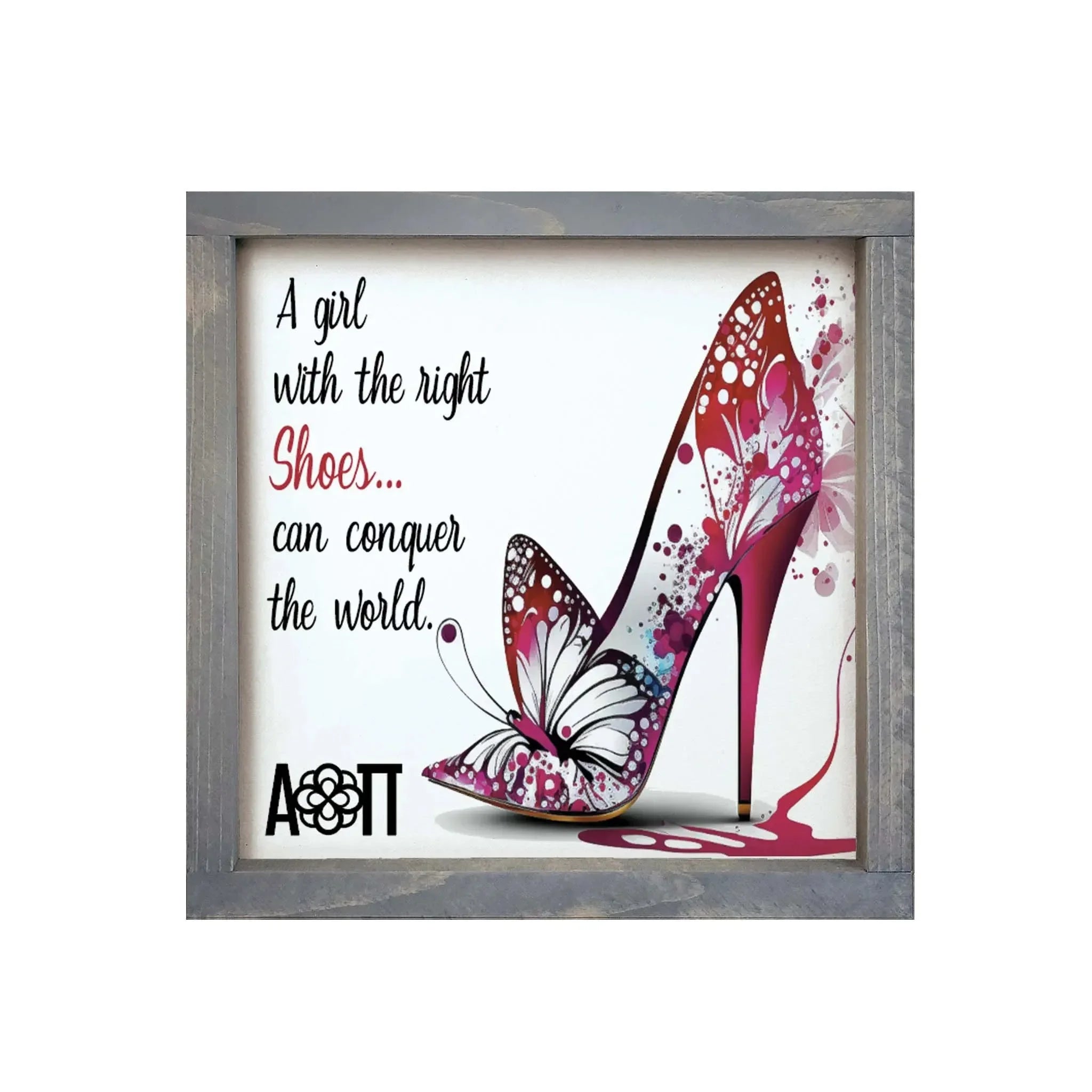 Alpha Omicron Pi 12x12 Wood Framed Sign - The Right Shoes Weathered Gray Wall Art & Signs