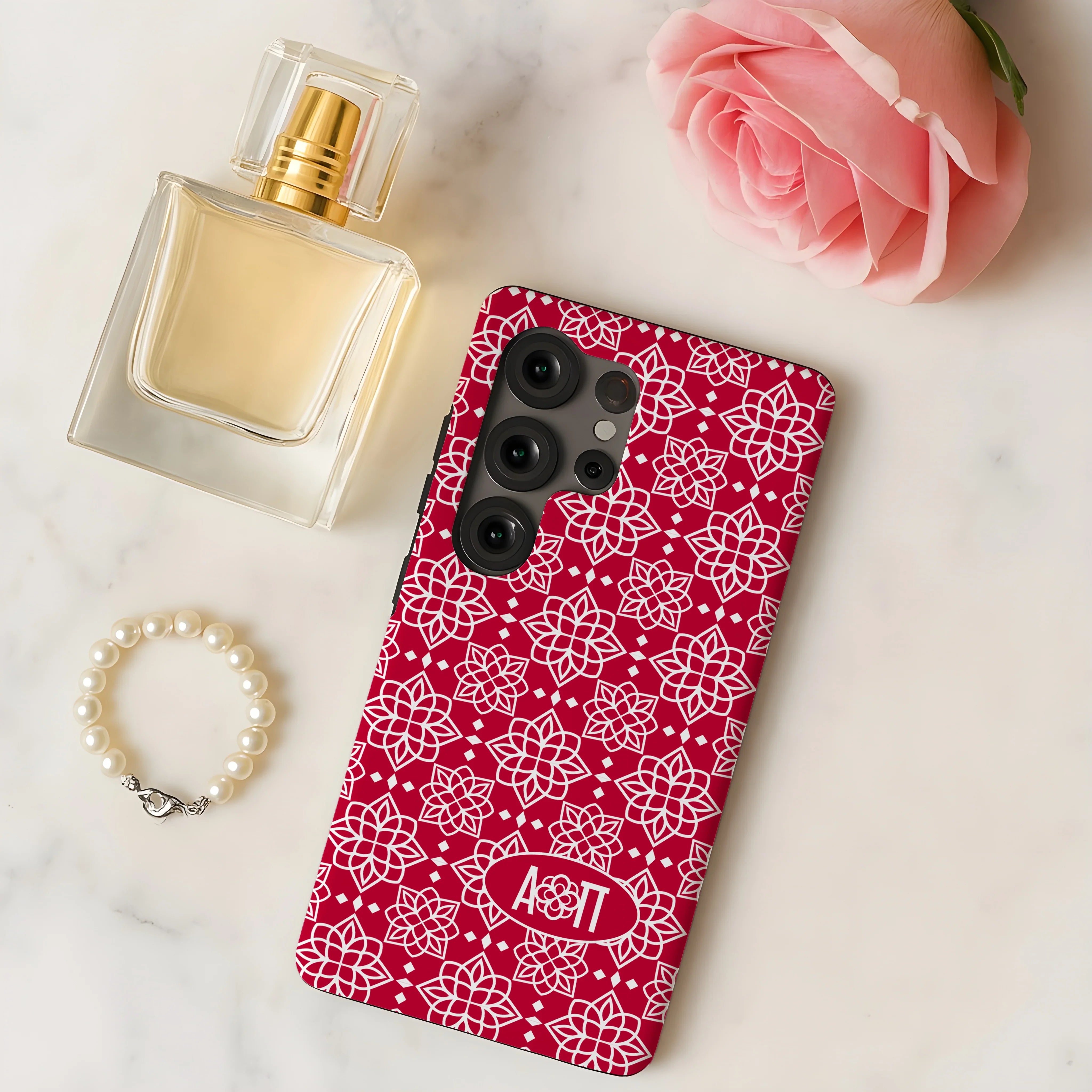 Alpha Omicron Pi Samsung Galaxy Mobile Phone Case - Red Ornate