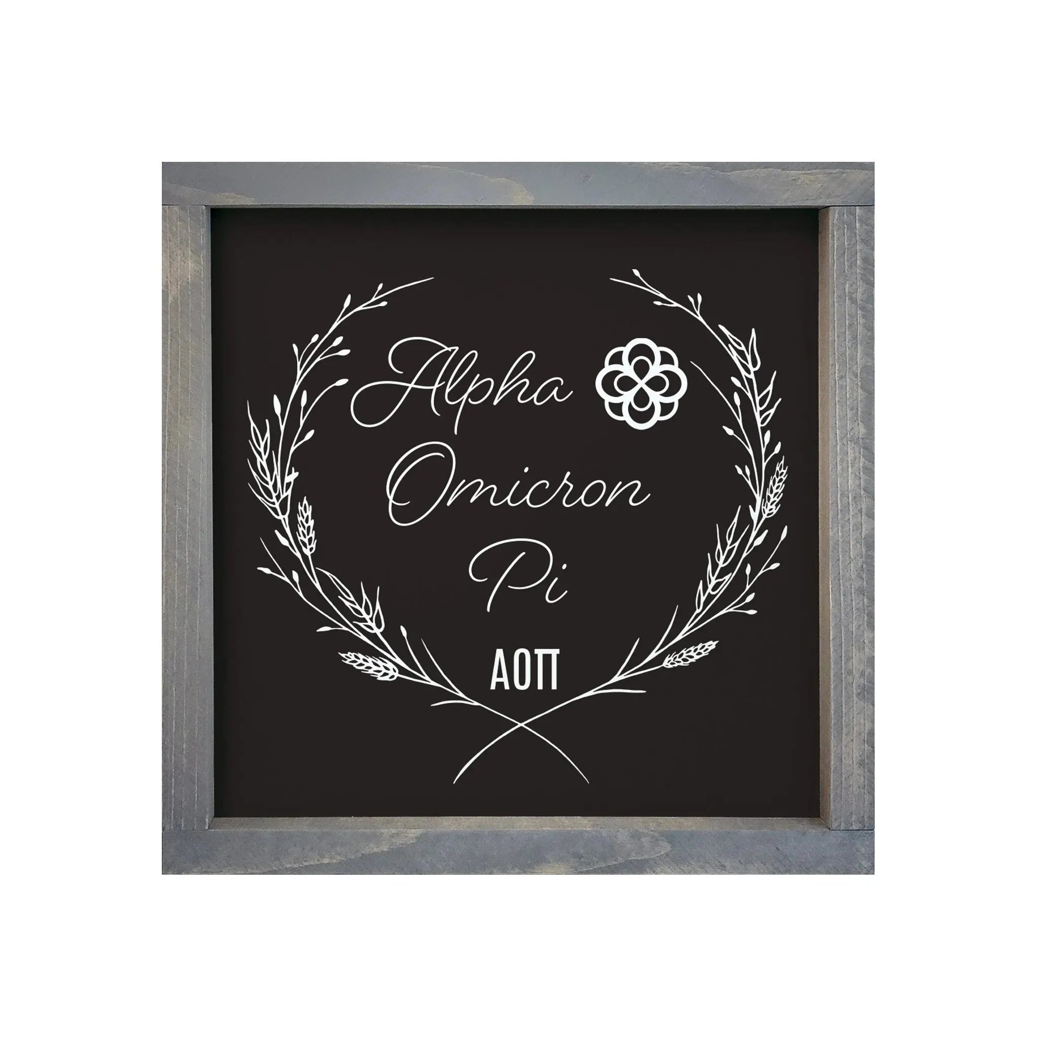 Alpha Omicron Pi 12x12 Wood Framed Sign - Wheat Frame Weathered Gray Wall Art & Signs