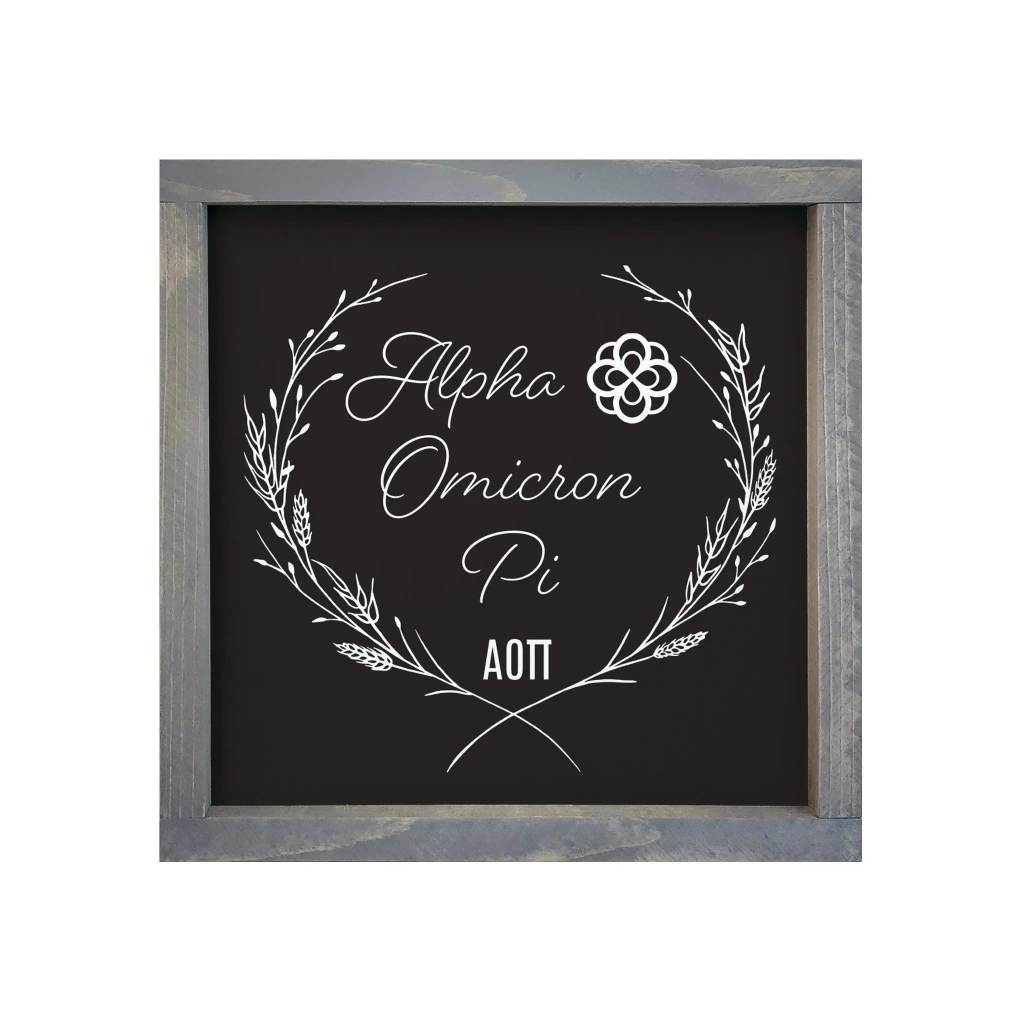 Alpha Omicron Pi 12x12 Wood Framed Sign - Wheat Frame Weathered Gray Wall Art & Signs