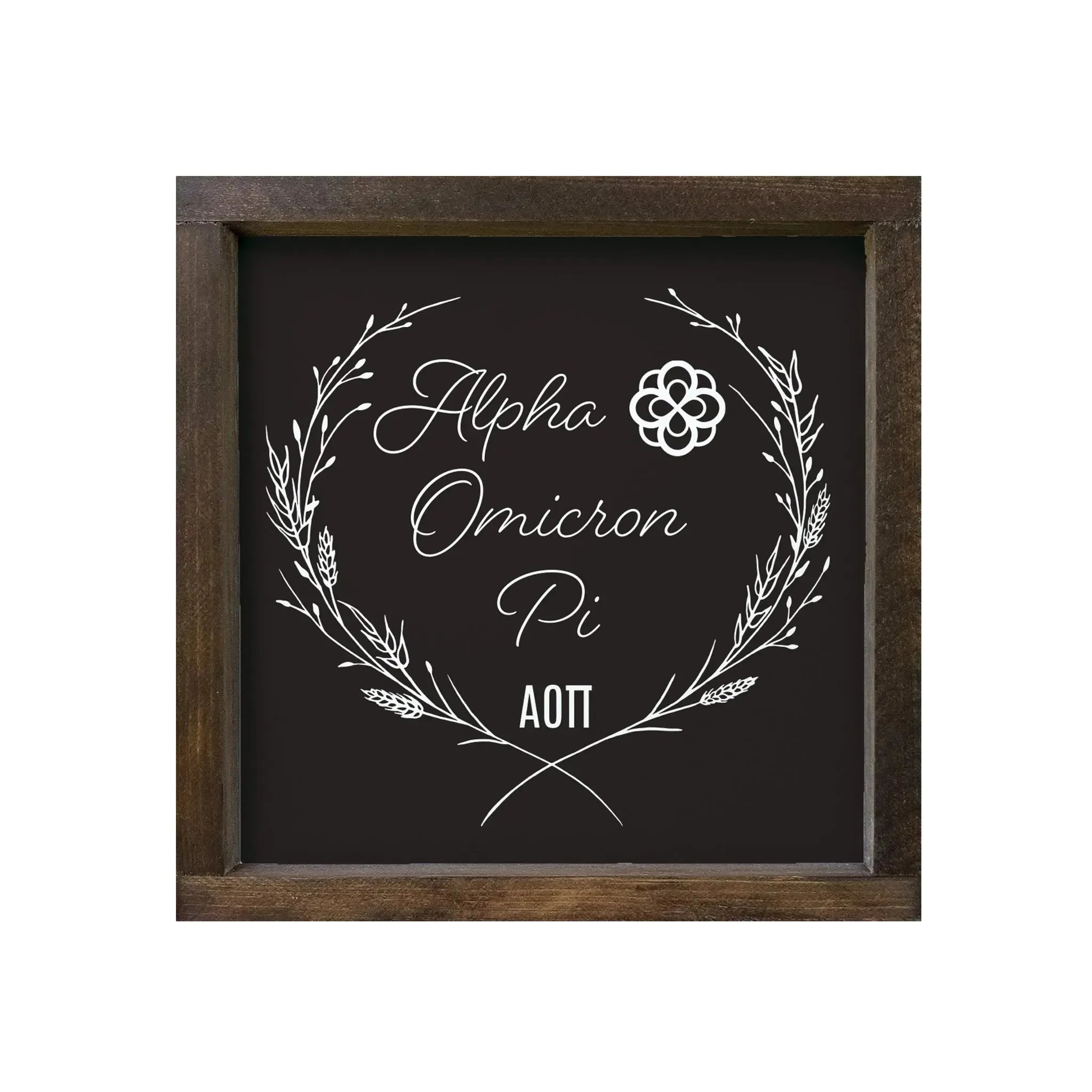 Alpha Omicron Pi 12x12 Wood Framed Sign - Wheat Frame Walnut Stain Wall Art & Signs