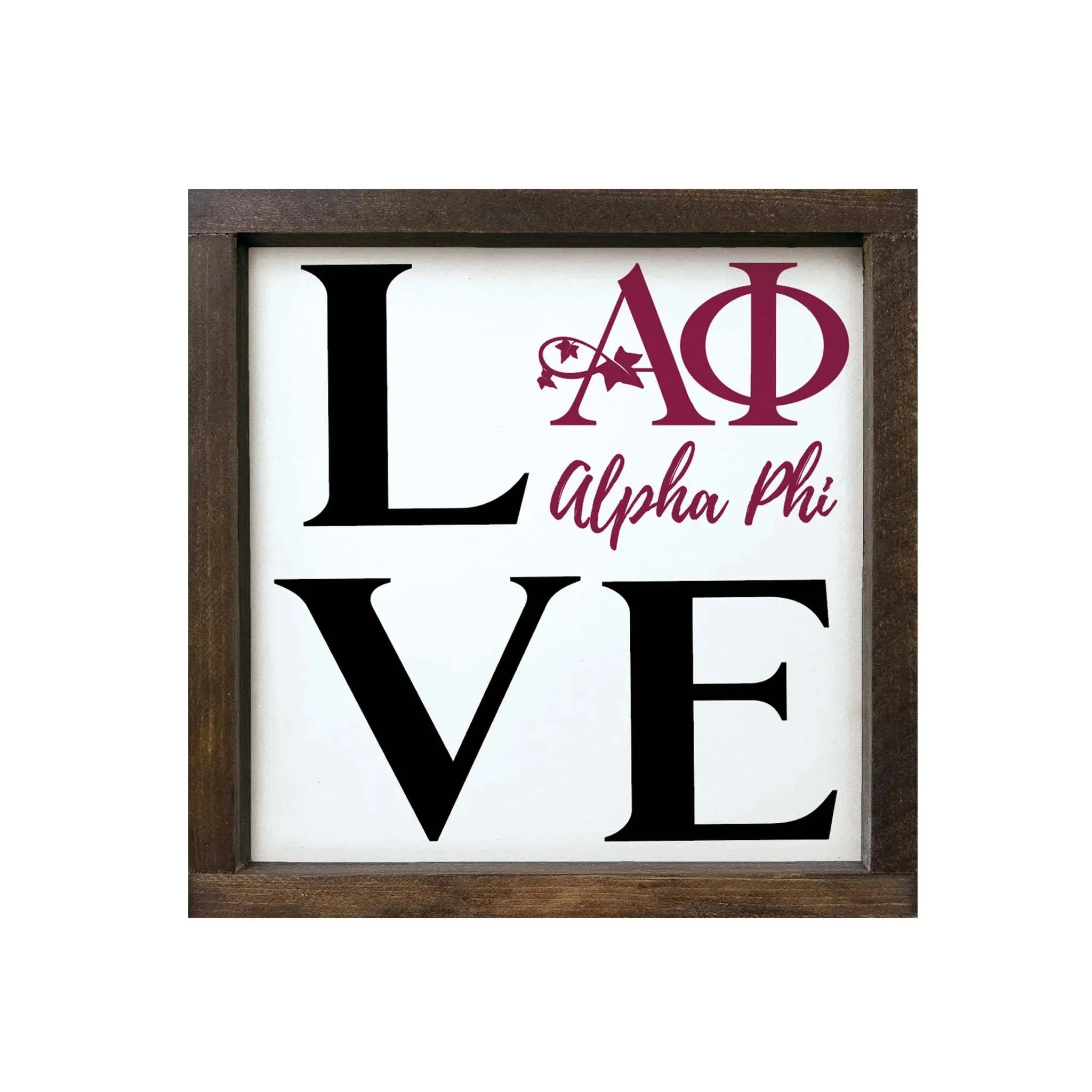 Alpha Phi 12x12 "LOVE" Wood Framed Sign Walnut Stain Wall Art & Signs