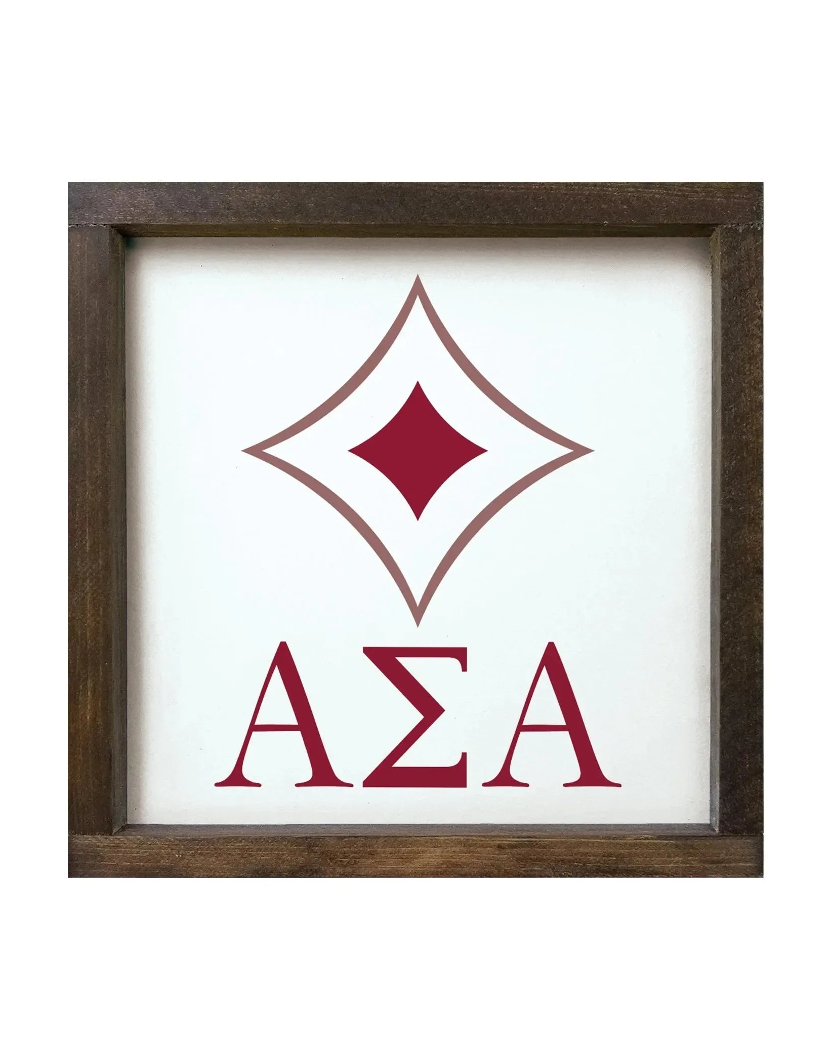 Alpha Sigma Alpha 12x12 Wood Framed Sign - Badgemark Crimson Walnut Stain Wall Art & Signs
