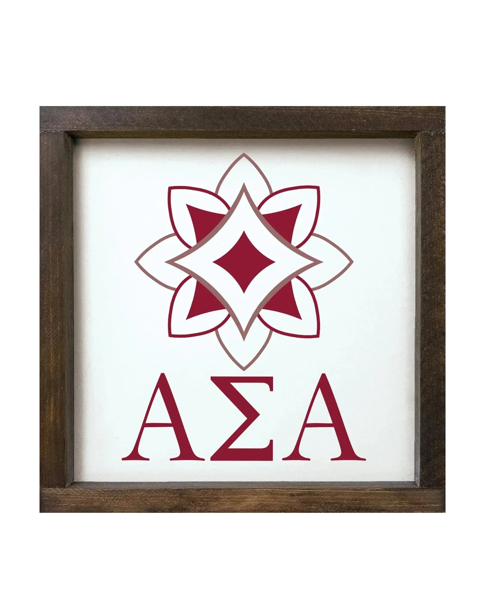 Alpha Sigma Alpha 12x12 Wood Framed Sign - Logomark Crimson Walnut Stain Wall Art & Signs
