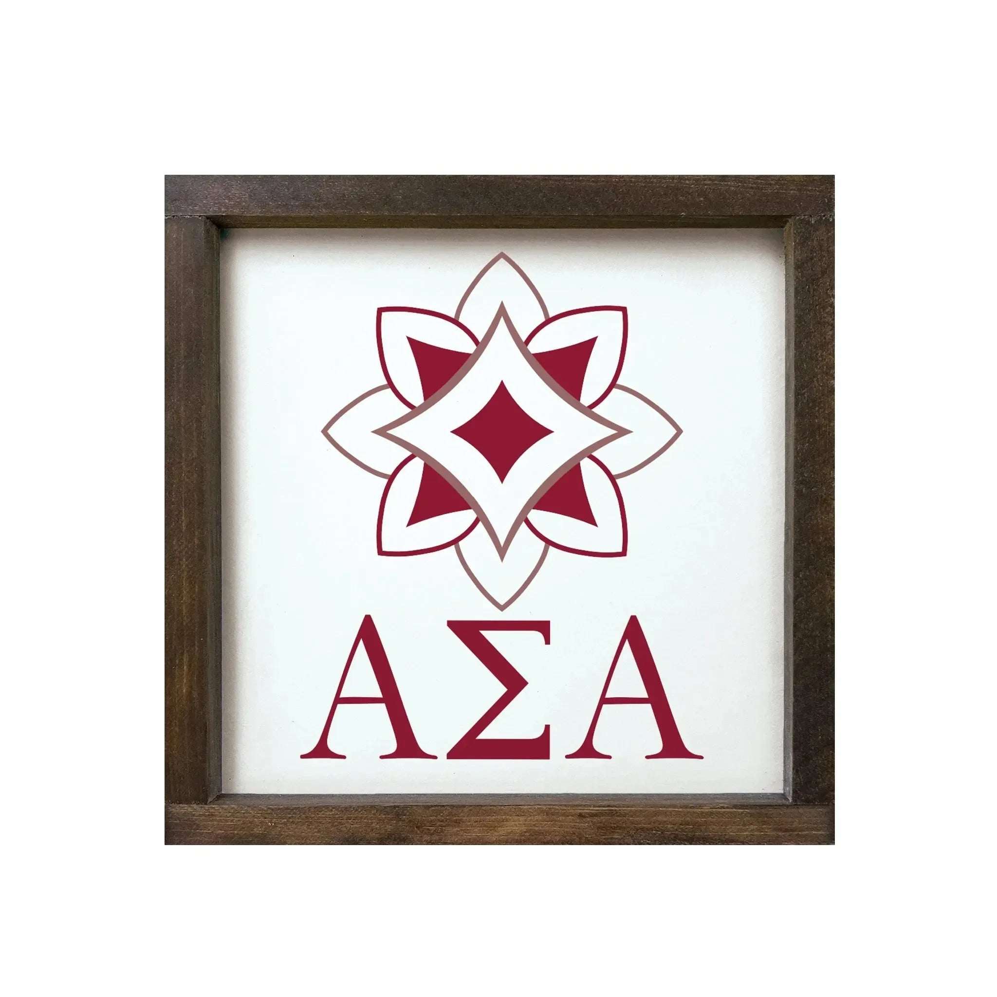 Alpha Sigma Alpha 12x12 Wood Framed Sign - Logomark Crimson Walnut Stain Wall Art & Signs