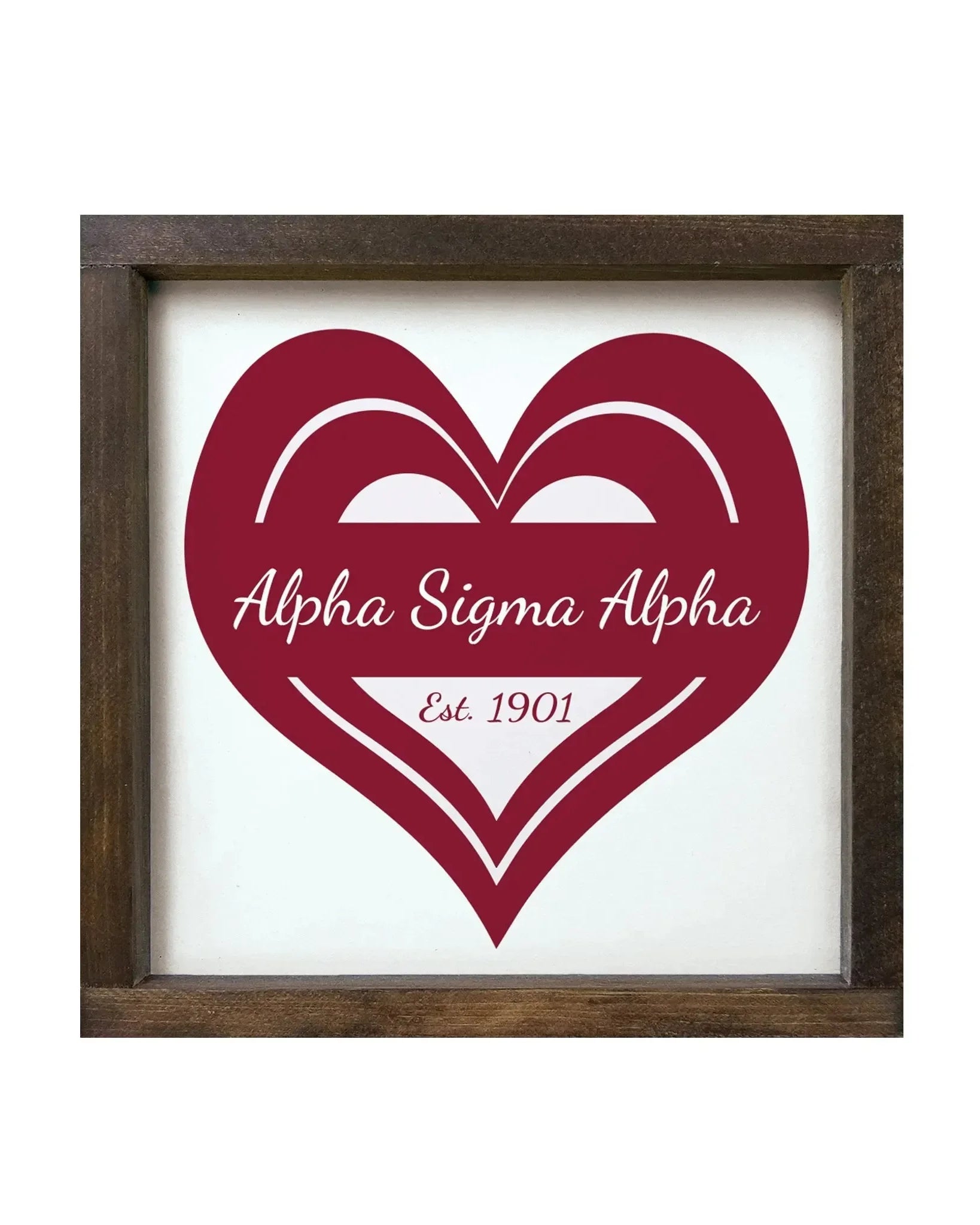 Alpha Sigma Alpha 12x12 Wood Framed Sign - Heart Walnut Stain Wall Art & Signs