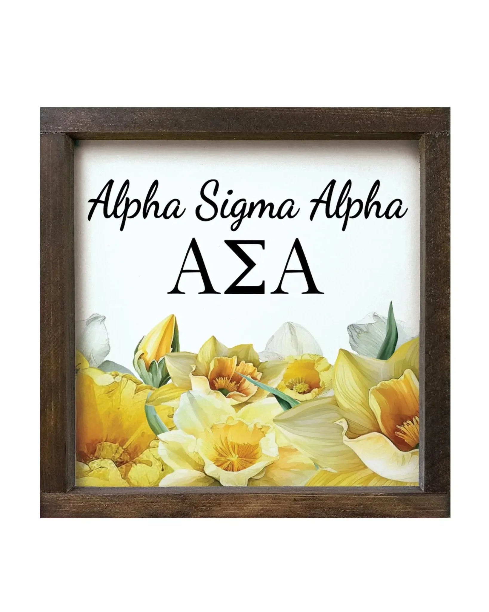 Alpha Sigma Alpha 12x12 Wood Framed Sign - Narcissus Walnut Stain Wall Art & Signs