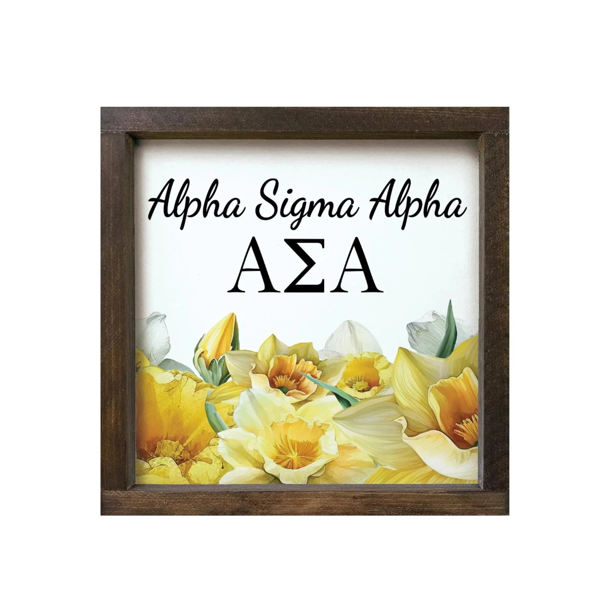 Alpha Sigma Alpha 12x12 Wood Framed Sign - Narcissus Walnut Stain Wall Art & Signs