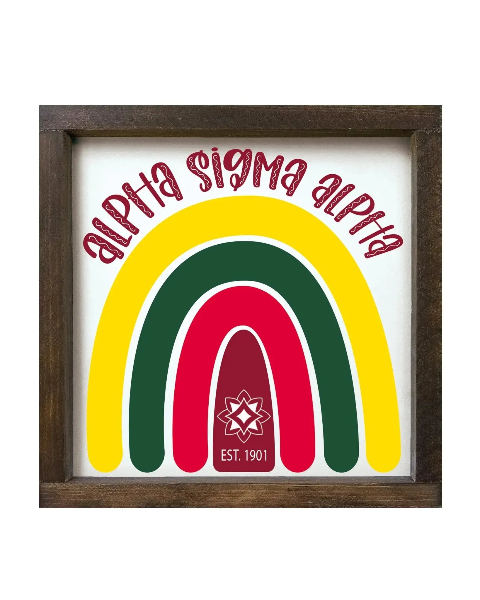 Alpha Sigma Alpha 12x12 Wood Framed Sign - Rainbow Walnut Stain Wall Art & Signs