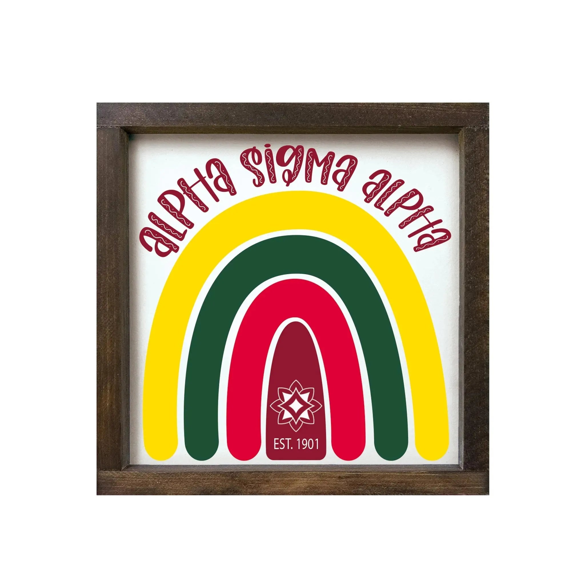 Alpha Sigma Alpha 12x12 Wood Framed Sign - Rainbow Walnut Stain Wall Art & Signs