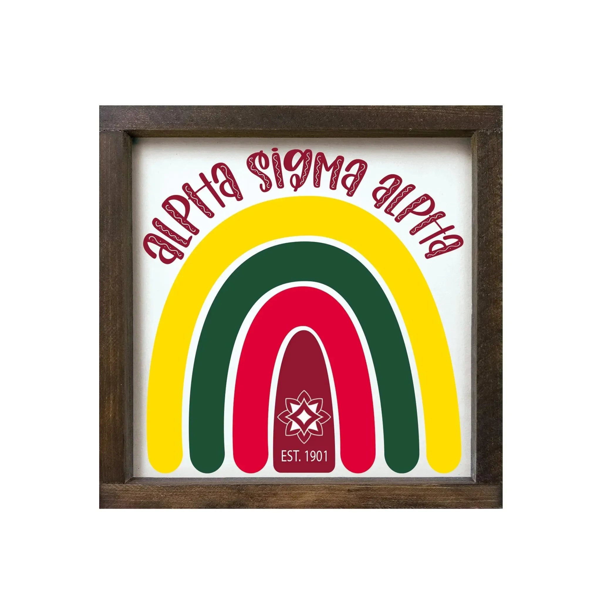 Alpha Sigma Alpha 12x12 Wood Framed Sign - Rainbow Walnut Stain Wall Art & Signs