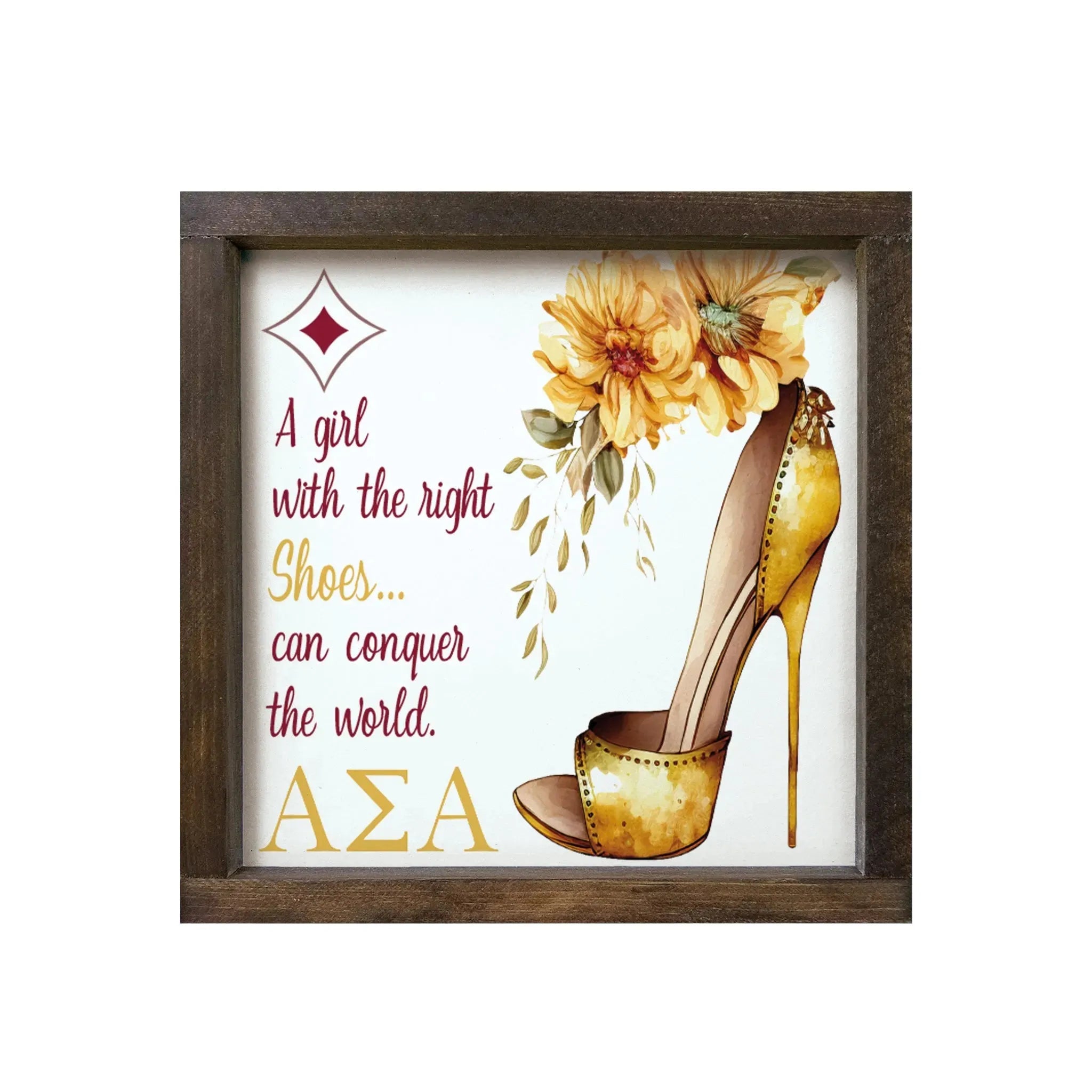Alpha Sigma Alpha 12x12 Wood Framed Sign - The Right Shoes Walnut Stain Wall Art & Signs