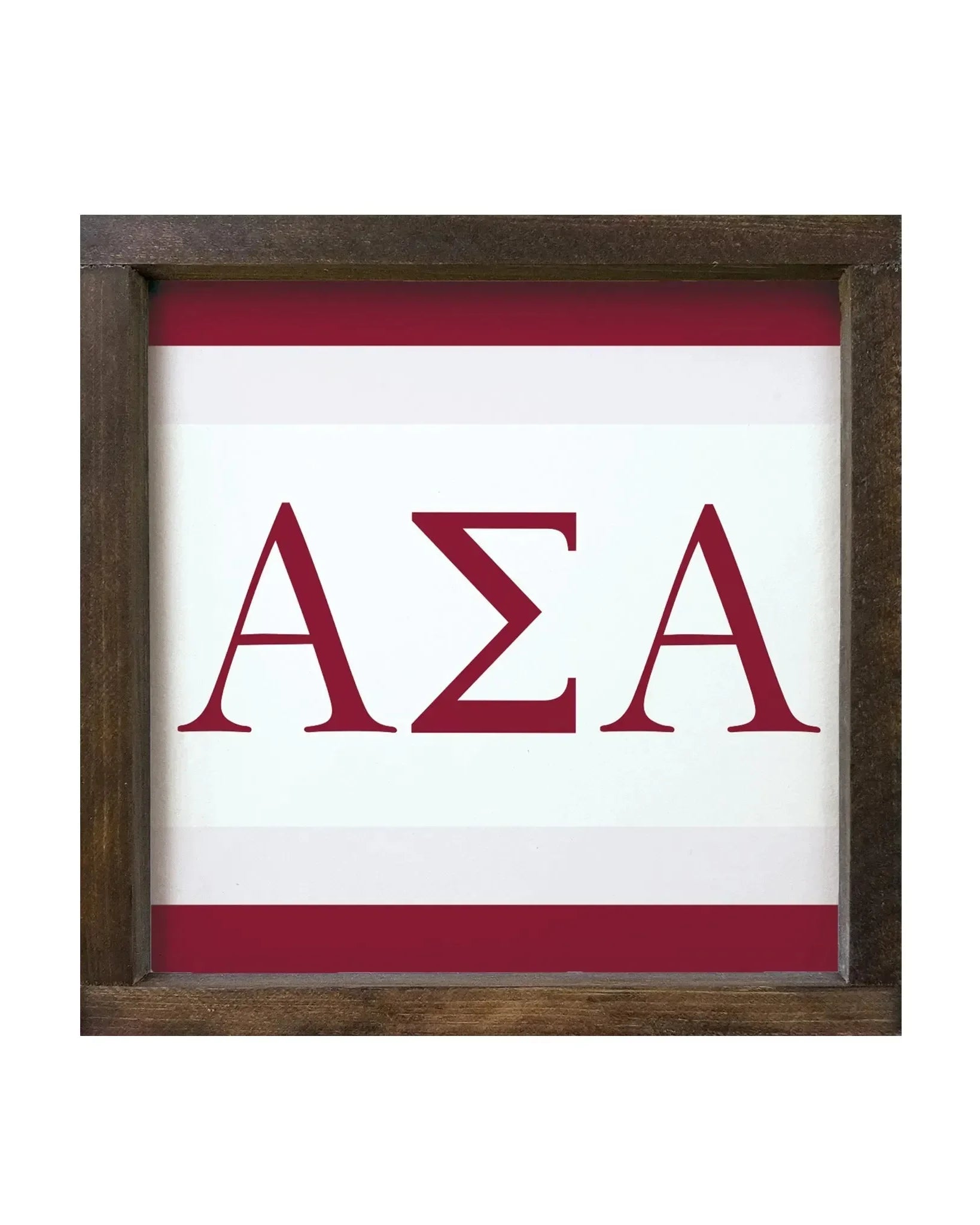 Alpha Sigma Alpha 12x12 Wood Framed Sign - Greek Letters Stripes Walnut Stain Wall Art & Signs