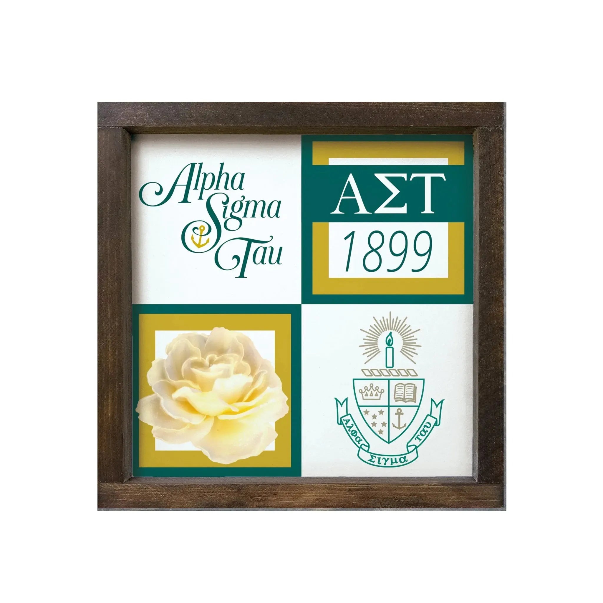 Alpha Sigma Tau 12x12 Wood Framed Sign - Classic Color Block Walnut Stain Wall Art & Signs