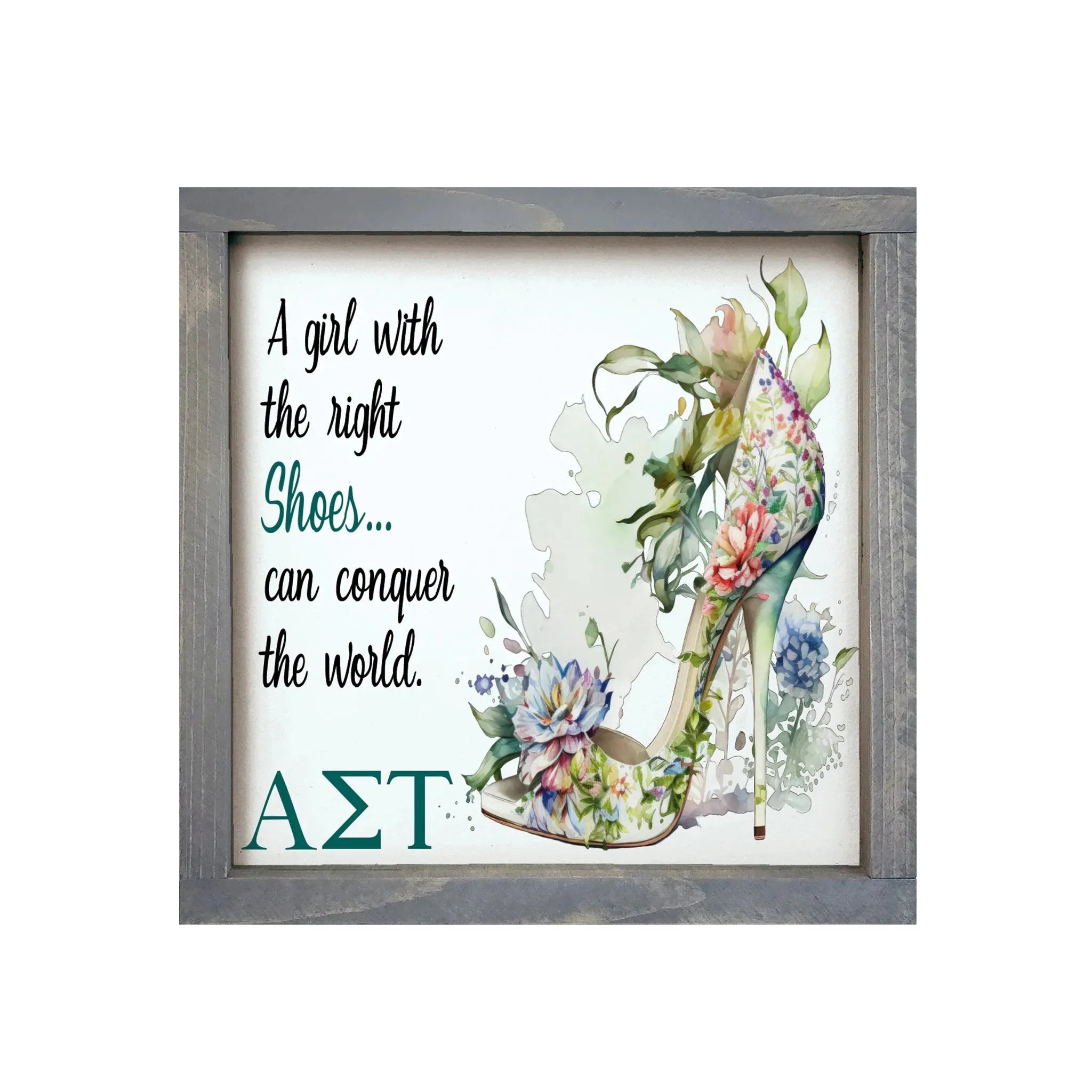 Alpha Sigma Tau 12x12 Wood Framed Sign - The Right Shoes Weathered Gray Wall Art & Signs