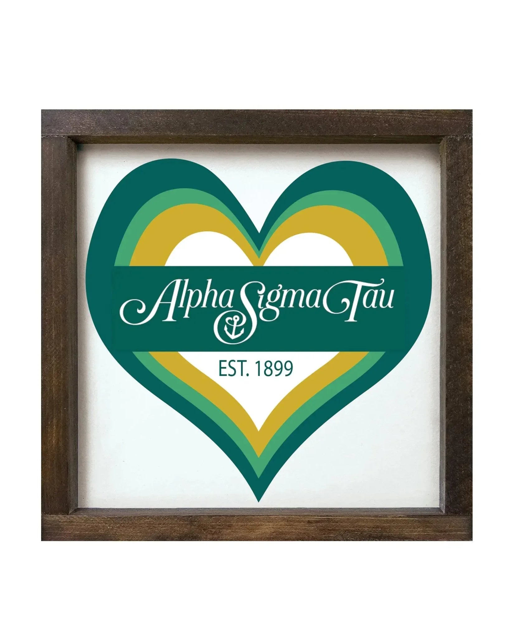 Alpha Sigma Tau 12x12 Wood Framed Sign - Heart Walnut Stain Wall Art & Signs