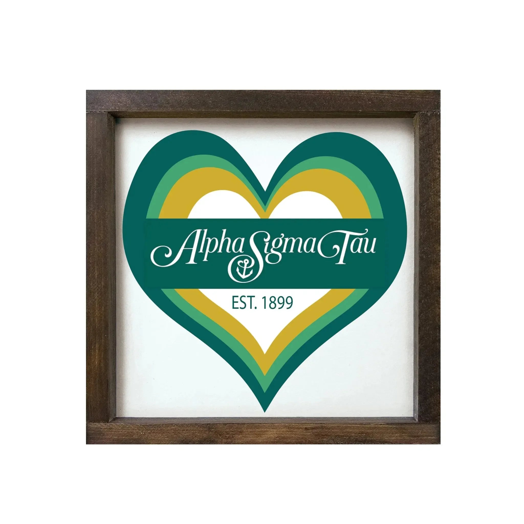 Alpha Sigma Tau 12x12 Wood Framed Sign - Heart Walnut Stain Wall Art & Signs