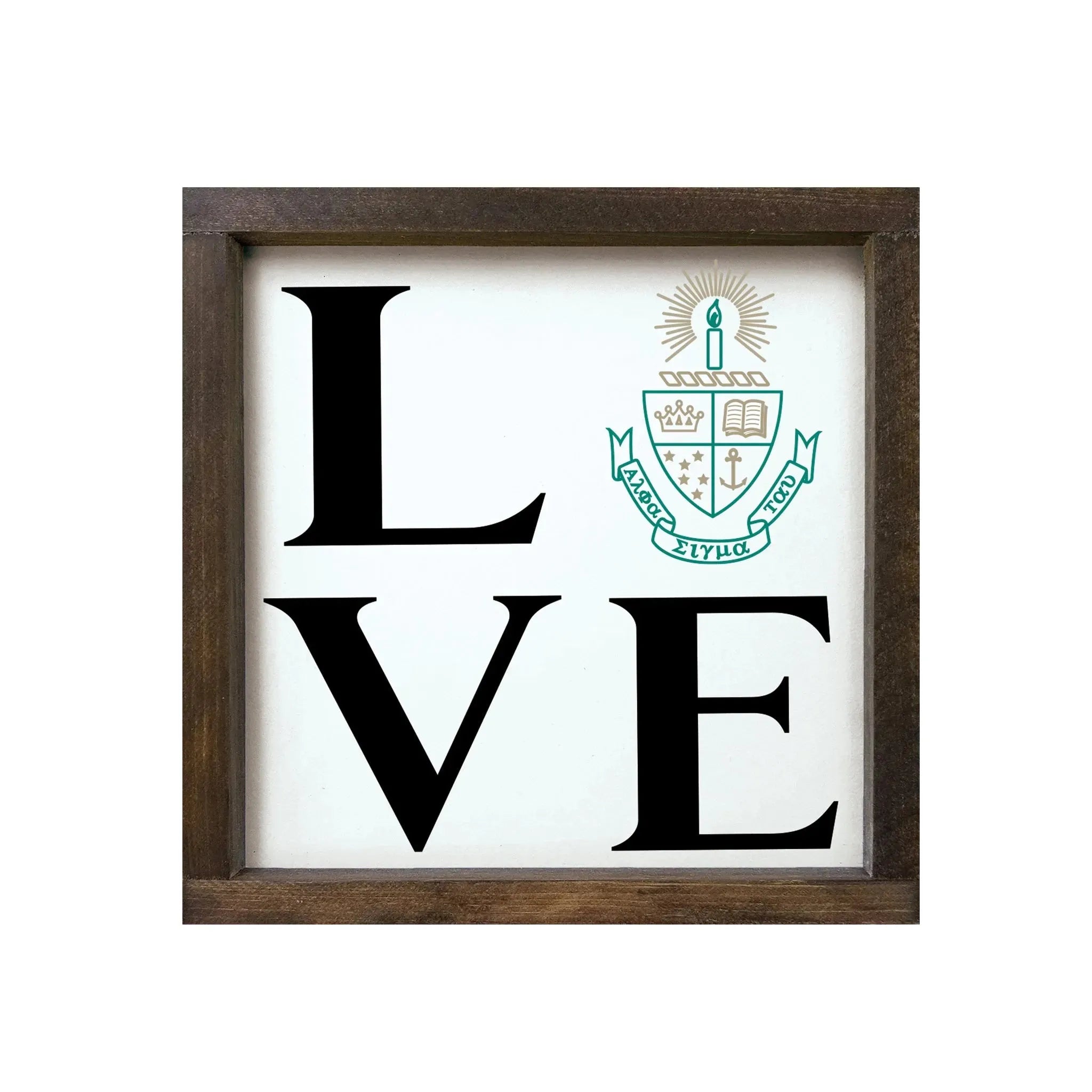 Alpha Sigma Tau 12x12 Wood Framed Sign - LOVE Crest Walnut Stain Wall Art & Signs