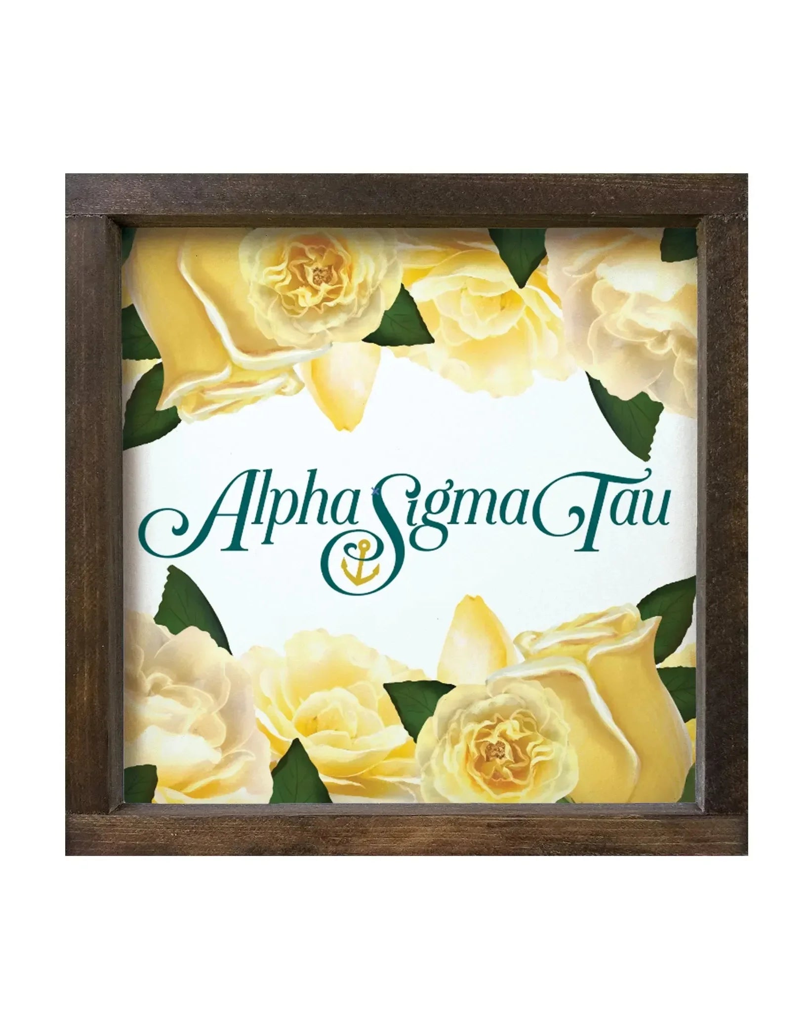 Alpha Sigma Tau 12x12 Wood Framed Sign - Yellow Roses Walnut Stain Wall Art & Signs