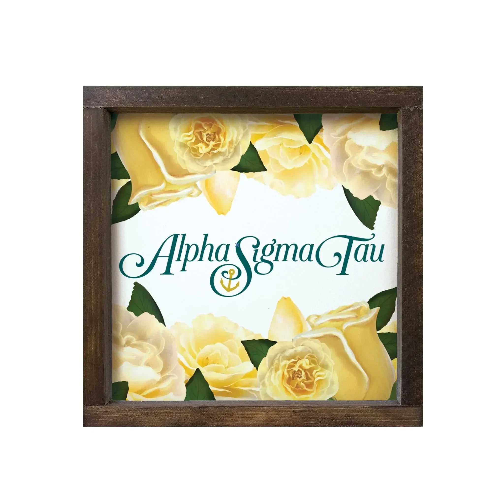 Alpha Sigma Tau 12x12 Wood Framed Sign - Yellow Roses Walnut Stain Wall Art & Signs