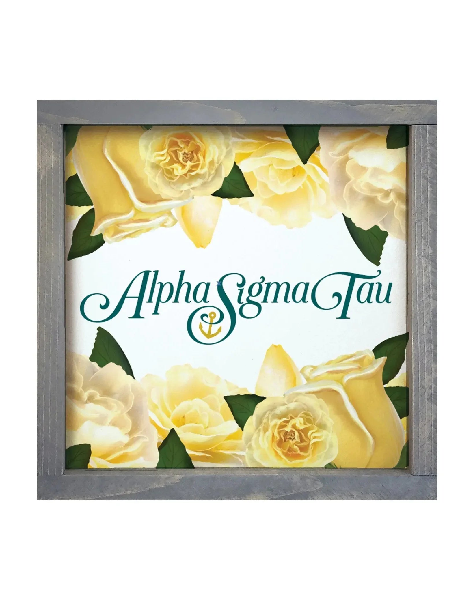 Alpha Sigma Tau 12x12 Wood Framed Sign - Yellow Roses Weathered Gray Wall Art & Signs
