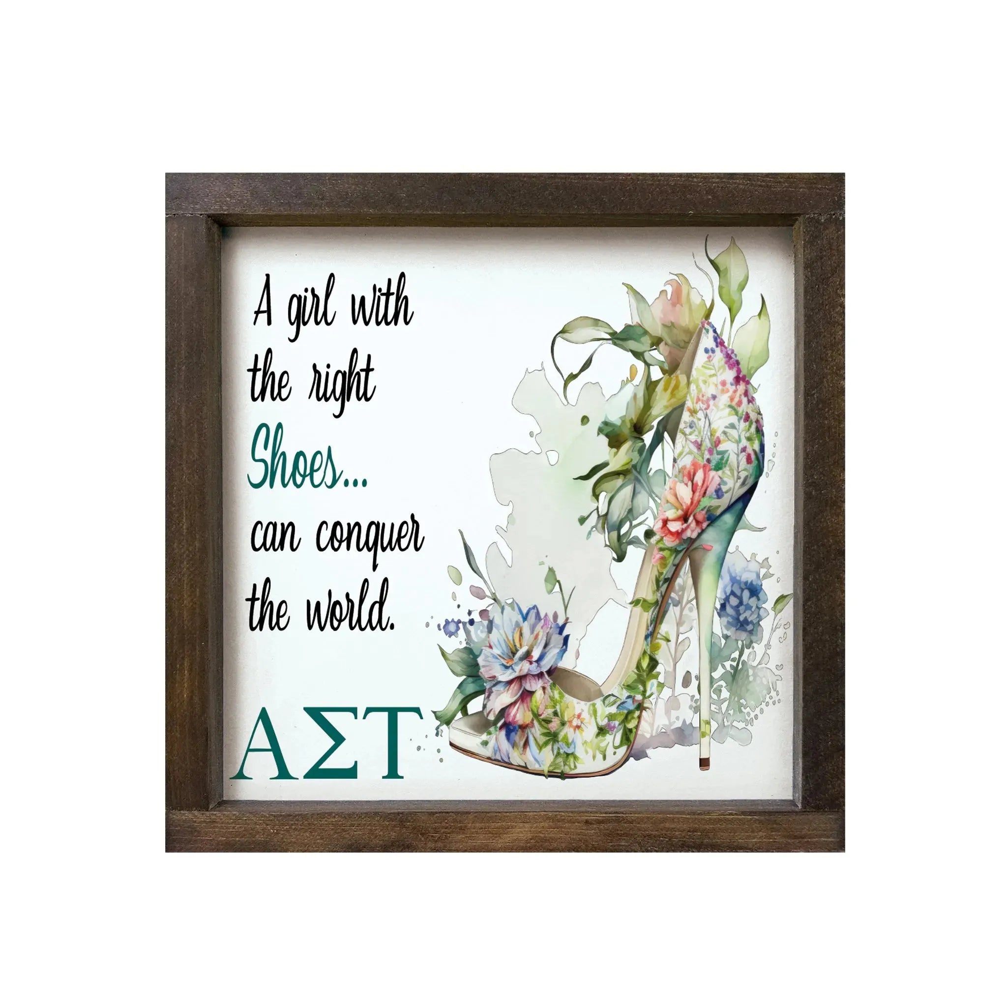 Alpha Sigma Tau 12x12 Wood Framed Sign - The Right Shoes Walnut Stain Wall Art & Signs