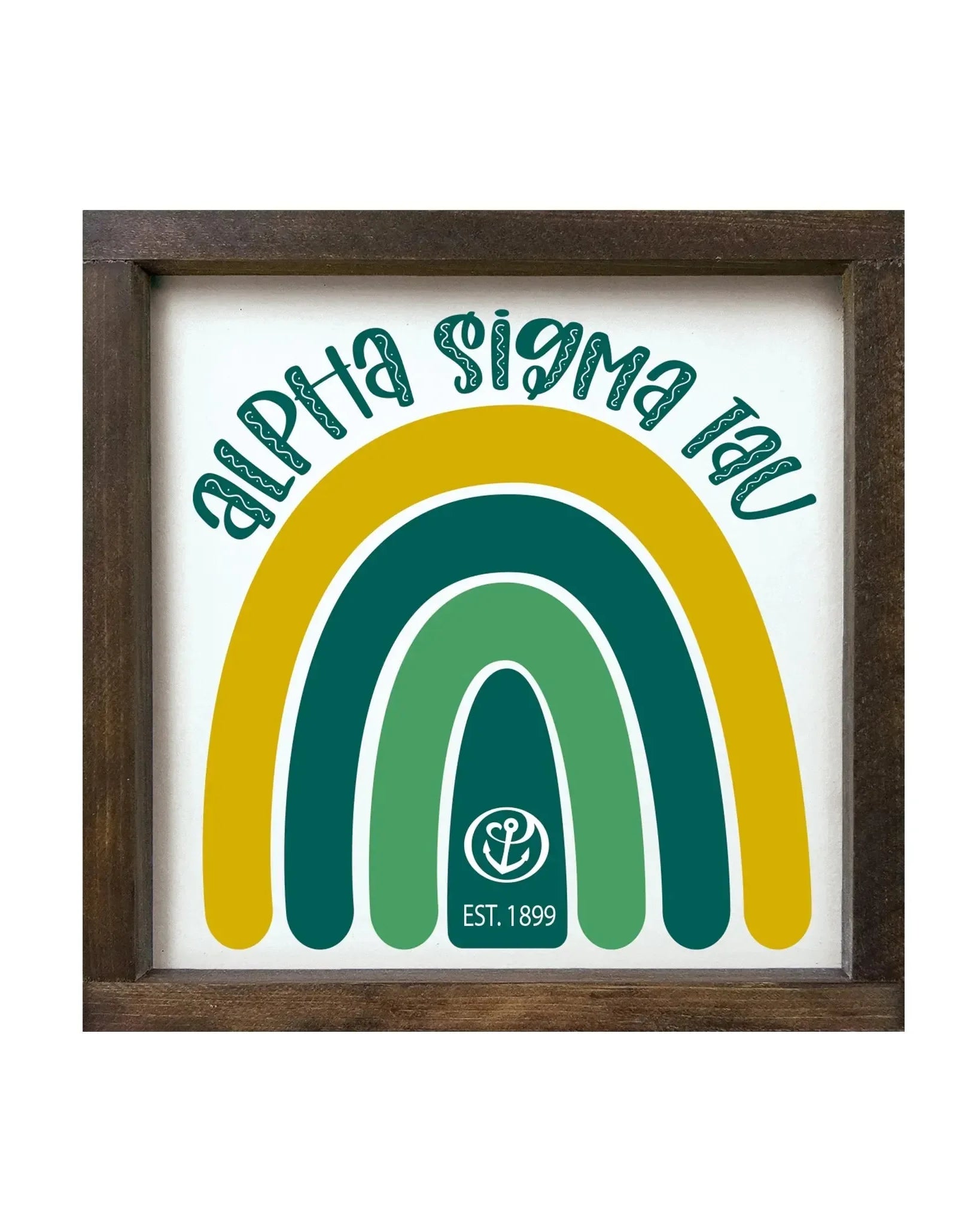 Alpha Sigma Tau 12x12 Wood Framed Sign - Rainbow Walnut Stain Wall Art & Signs