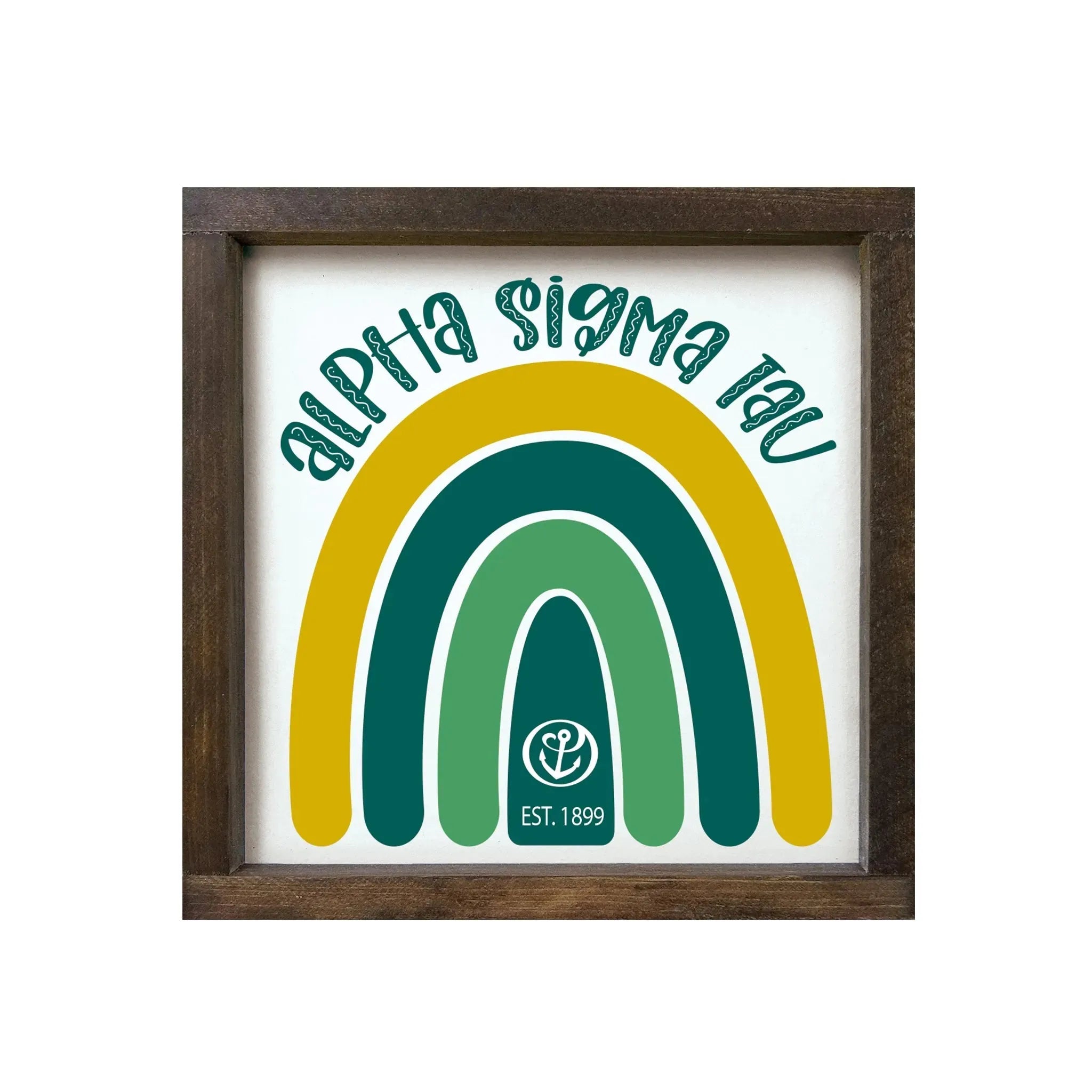 Alpha Sigma Tau 12x12 Wood Framed Sign - Rainbow Walnut Stain Wall Art & Signs