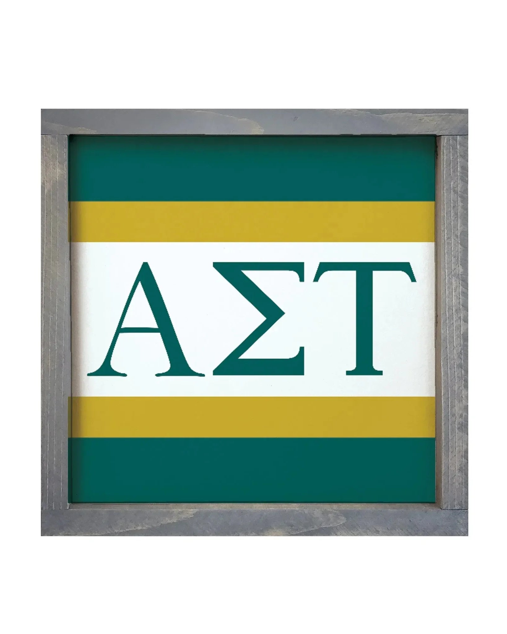 Alpha Sigma Tau 12x12 Wood Framed Sign - Stripes Greek Letters Weathered Gray Wall Art & Signs