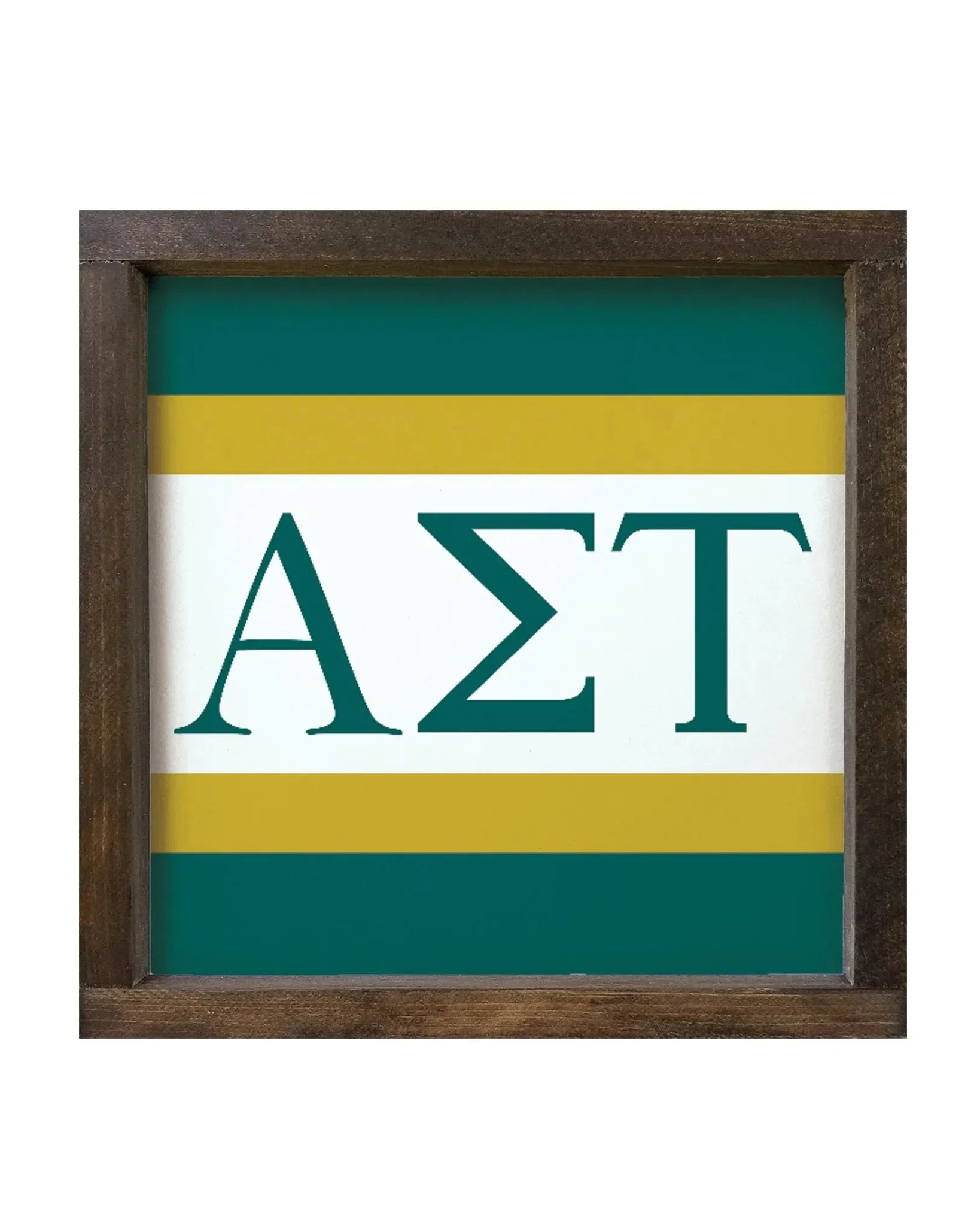 Alpha Sigma Tau 12x12 Wood Framed Sign - Stripes Greek Letters Walnut Stain Wall Art & Signs