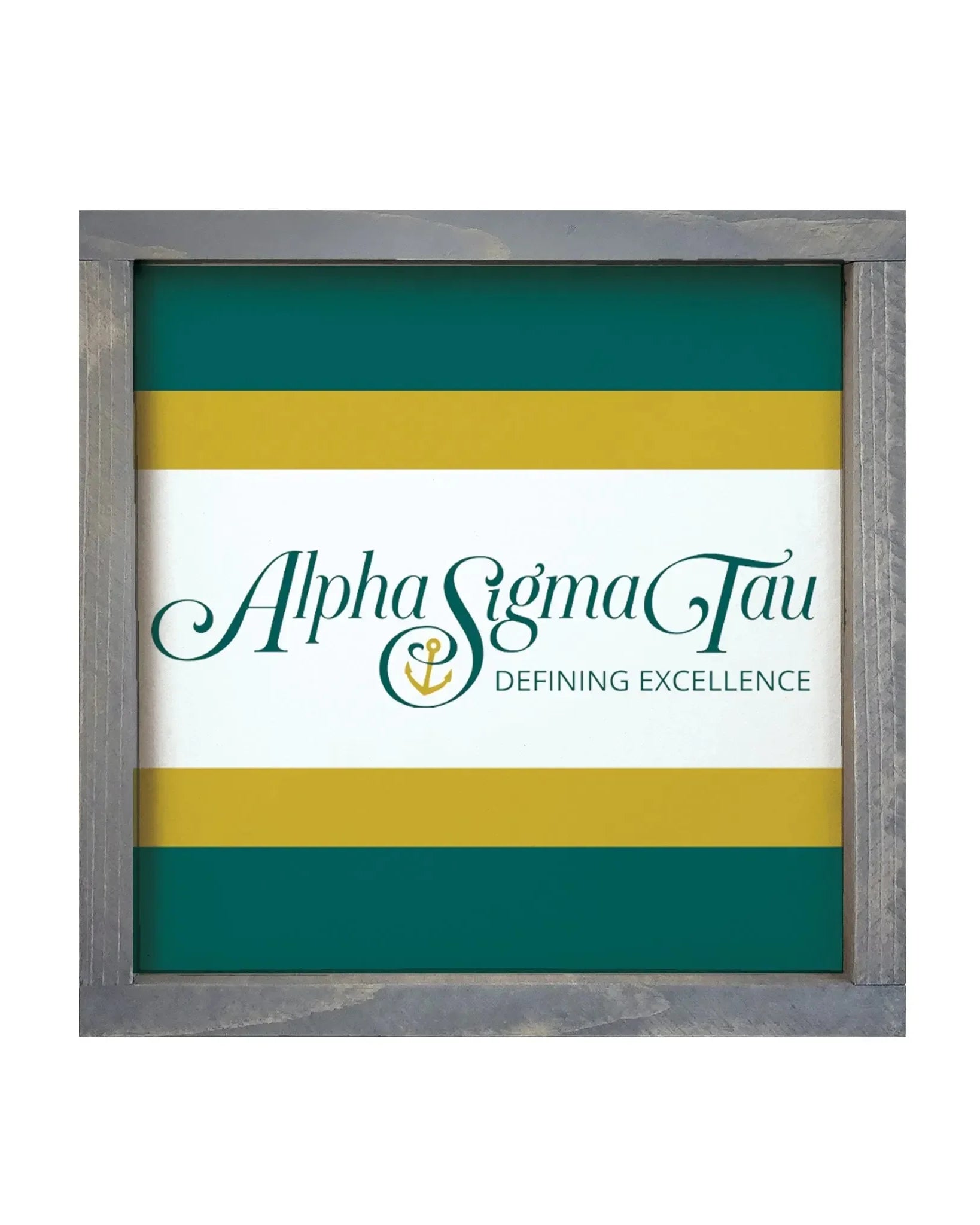 Alpha Sigma Tau 12x12 Wood Framed Sign - Stripes Traditional Logo Weathered Gray Wall Art & Signs