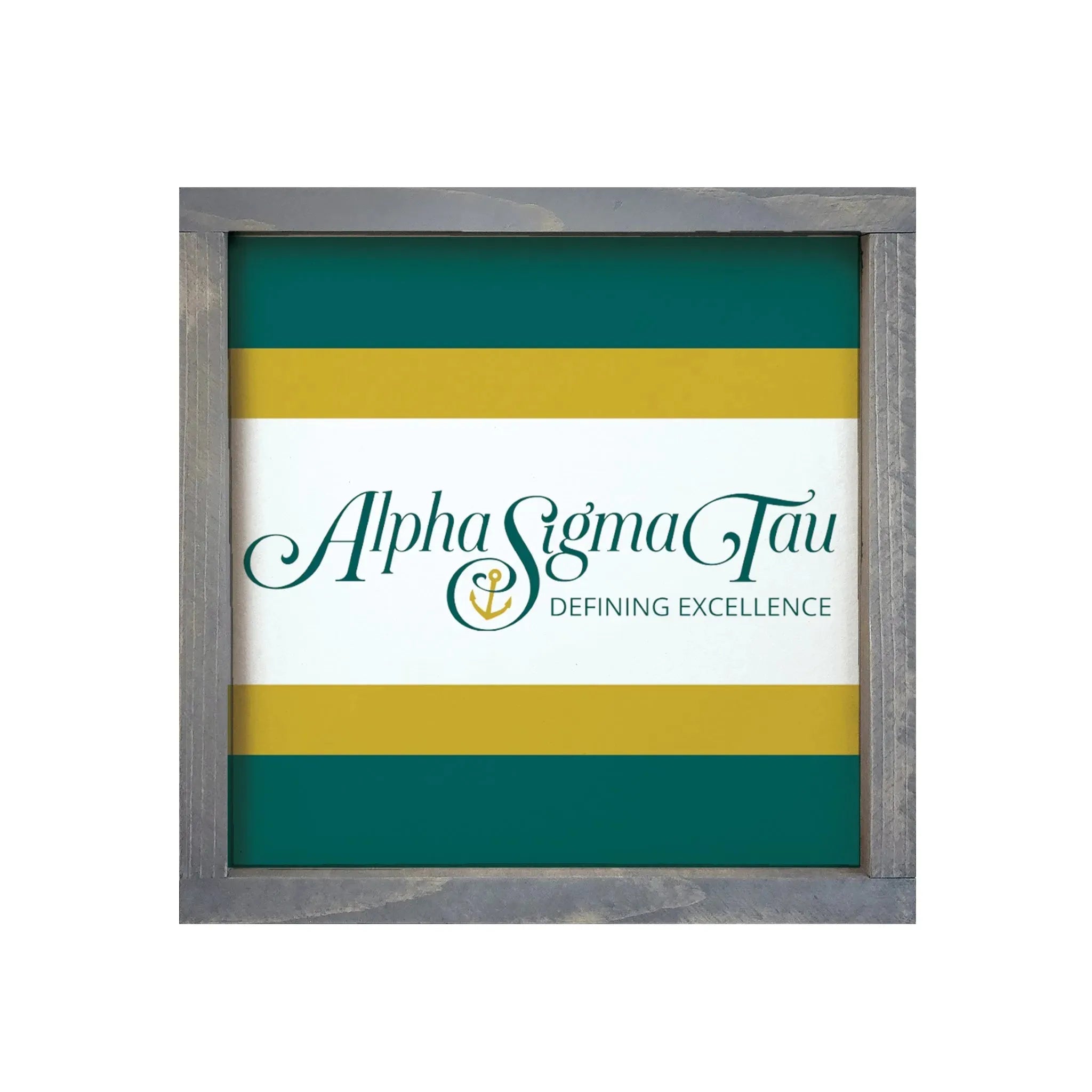 Alpha Sigma Tau 12x12 Wood Framed Sign - Stripes Traditional Logo Weathered Gray Wall Art & Signs