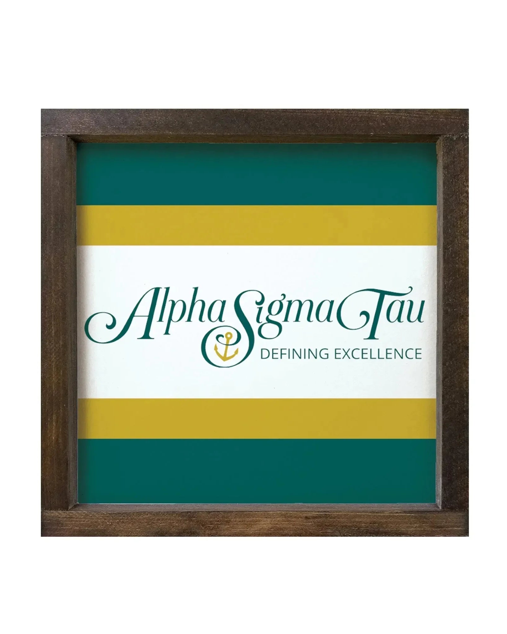 Alpha Sigma Tau 12x12 Wood Framed Sign - Stripes Traditional Logo Walnut Stain Wall Art & Signs