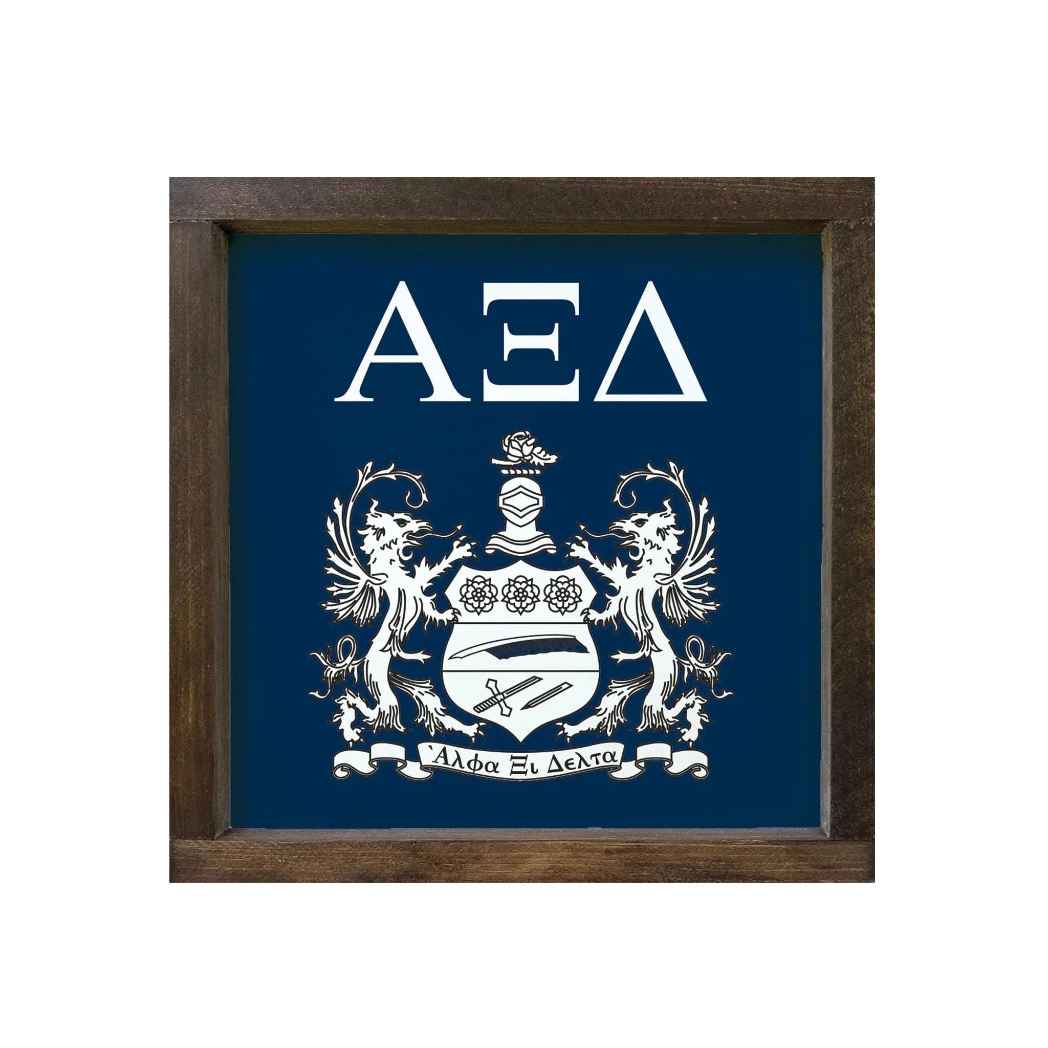 Alpha Xi Delta 12x12 Wood Framed Sign - Traditional Crest Blue Walnut Stain Wall Art & Signs