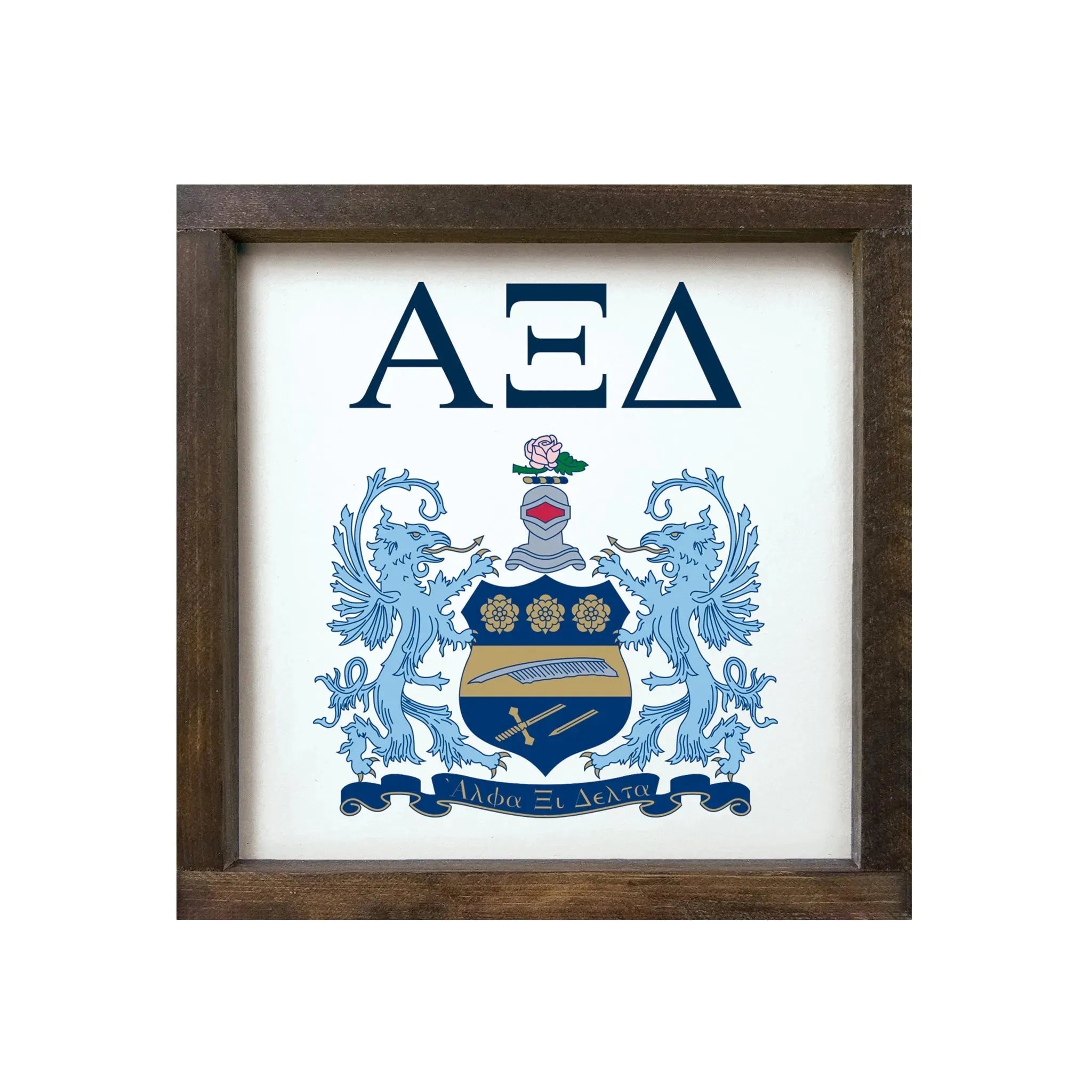 Alpha Xi Delta 12x12 Wood Framed Sign - Traditional Crest White Walnut Stain Wall Art & Signs