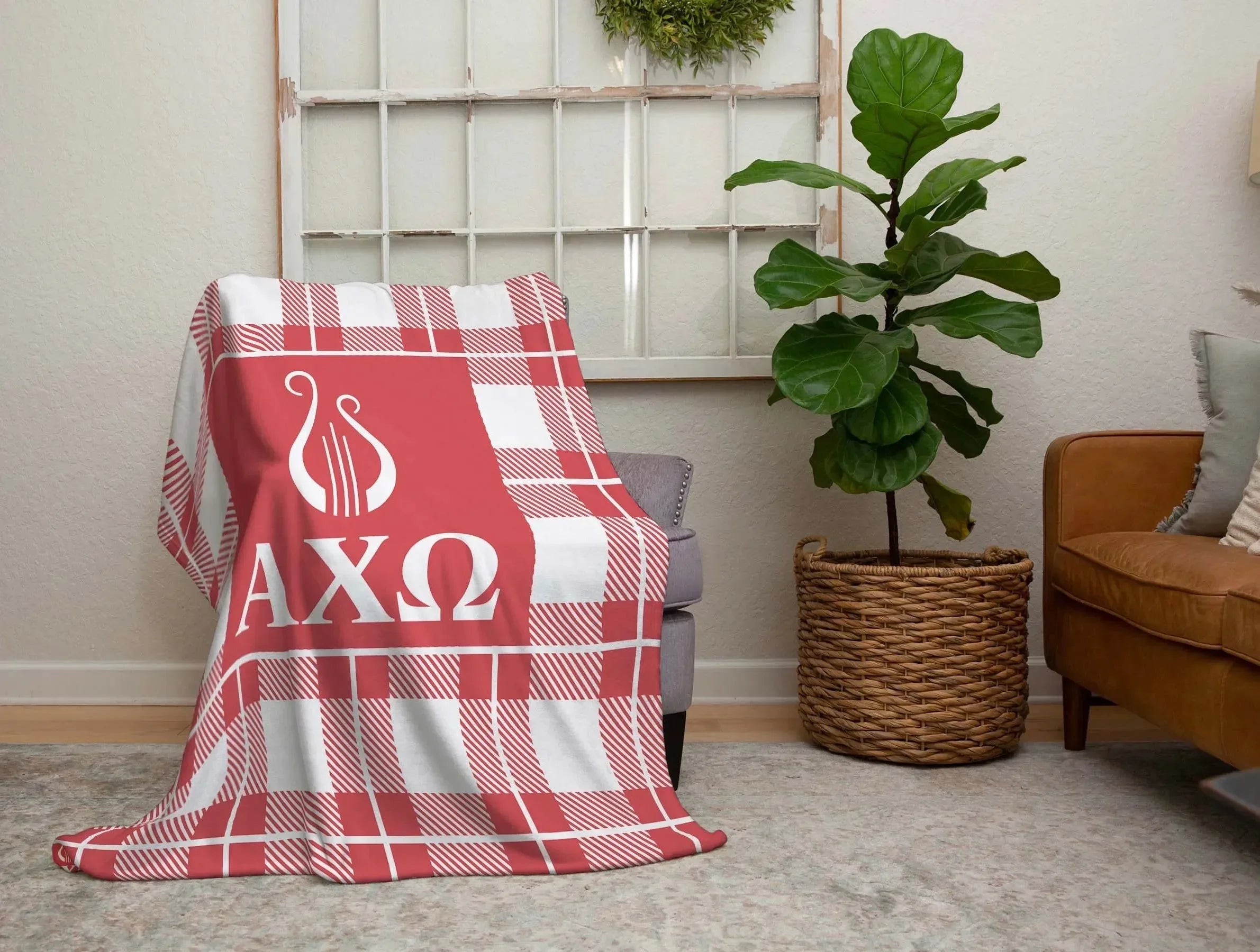 Alpha Chi Omega XL 60x80 Plaid Sherpa Throw Blanket Throw Blankets