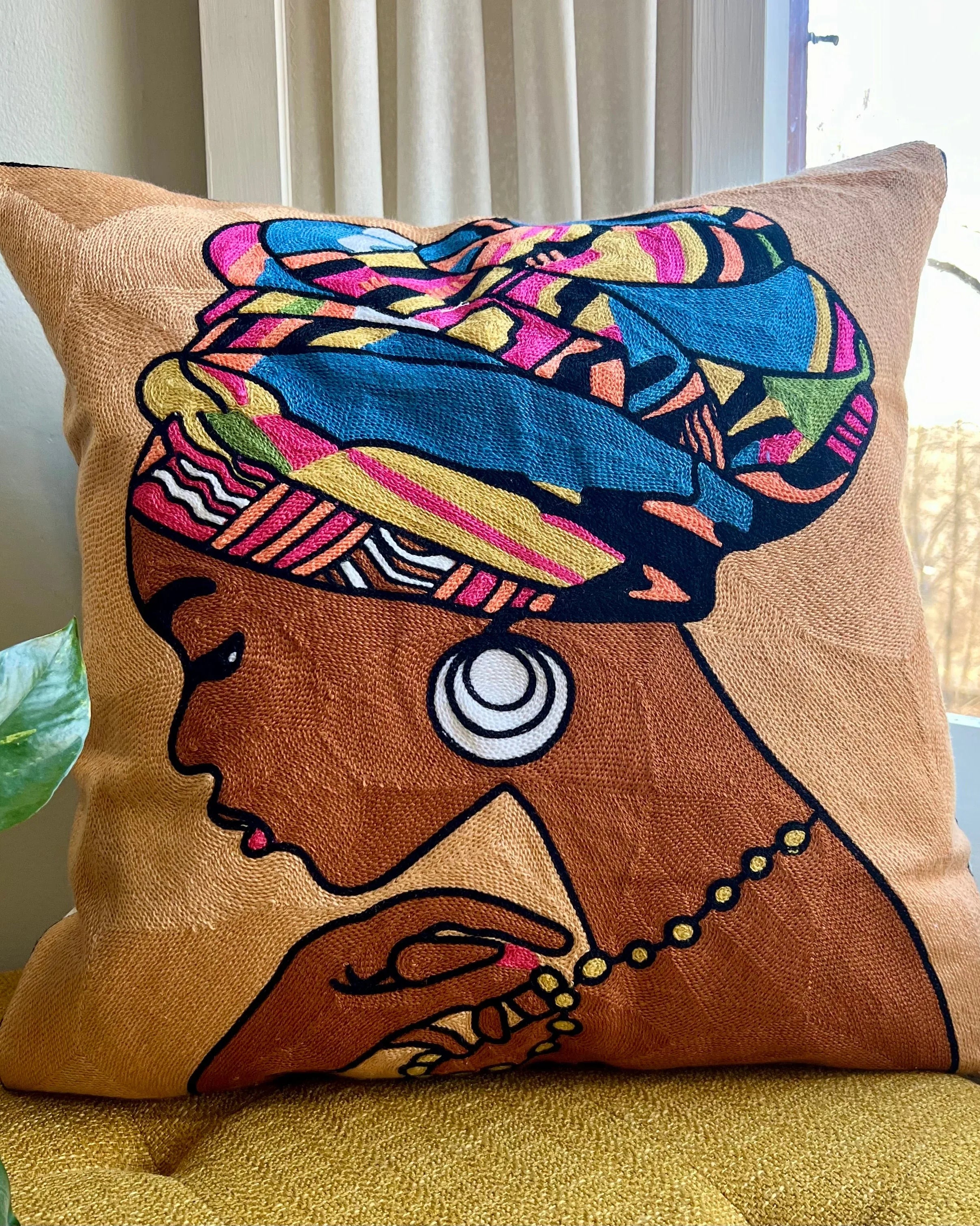 African Queen Embroidered Pillow Cover | Cultural Dorm Decor