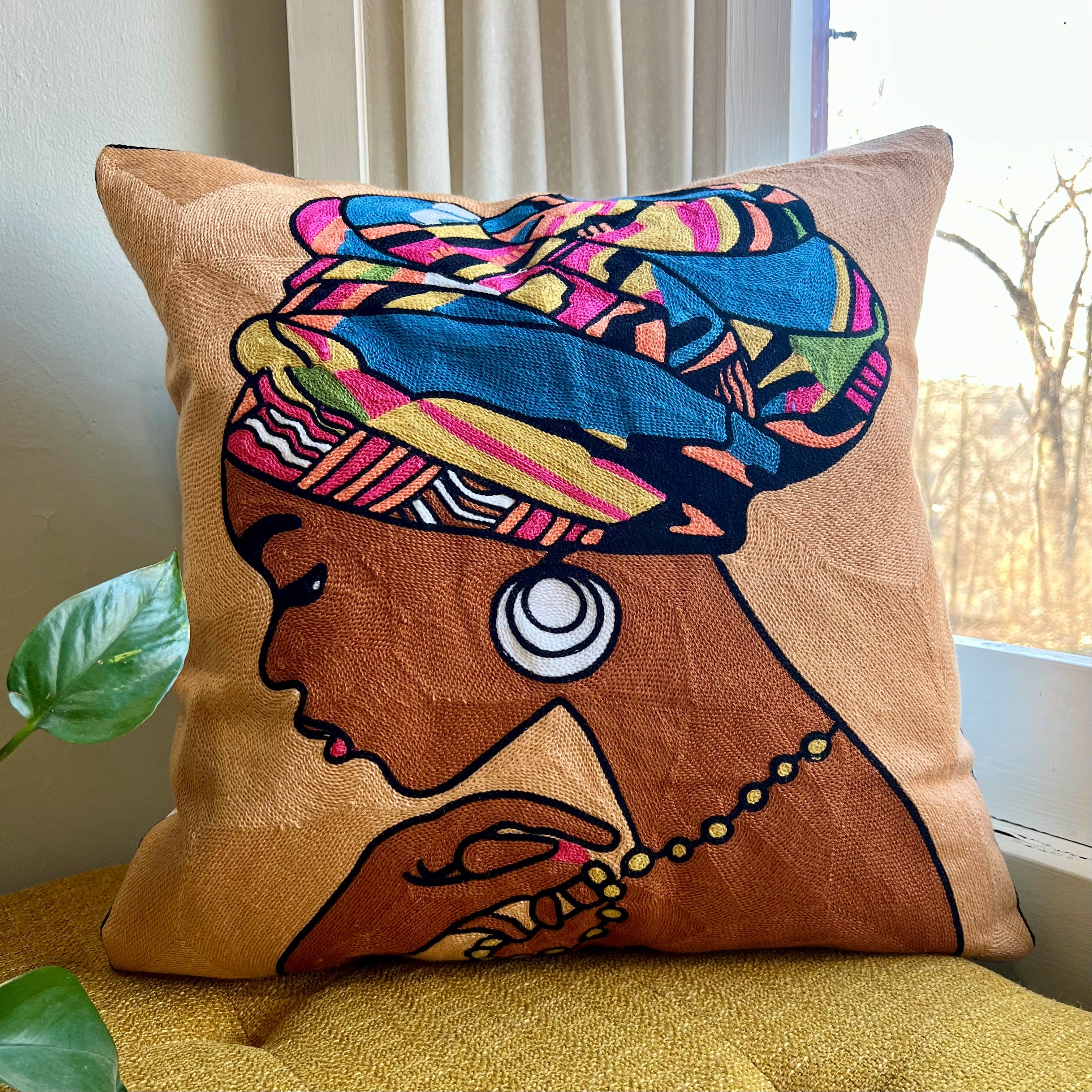 African Queen Embroidered Pillow Cover | Cultural Dorm Decor