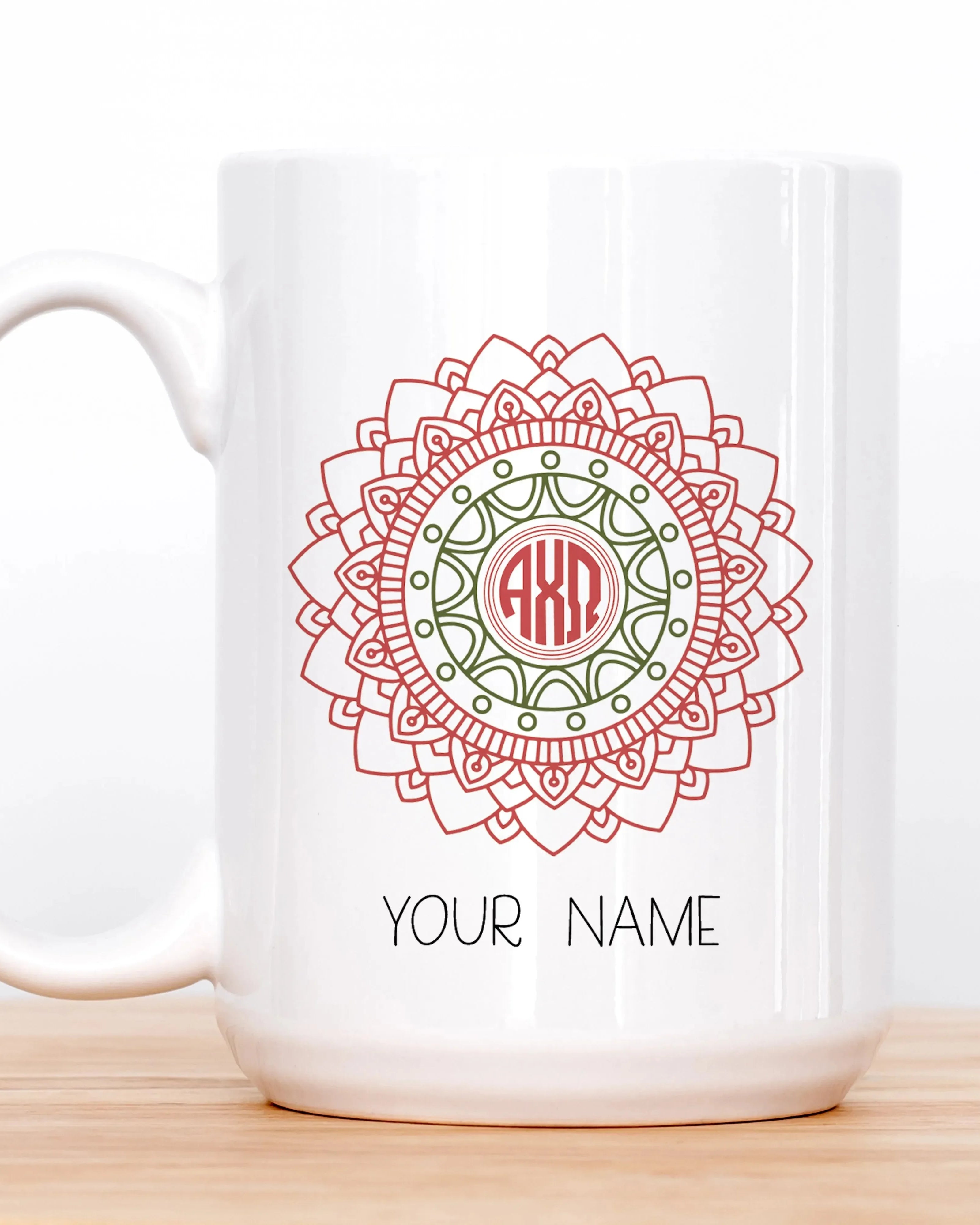 Alpha Chi Omega Personalized Mug Deluxe 15 oz. - Mandala Monogram Drinkware