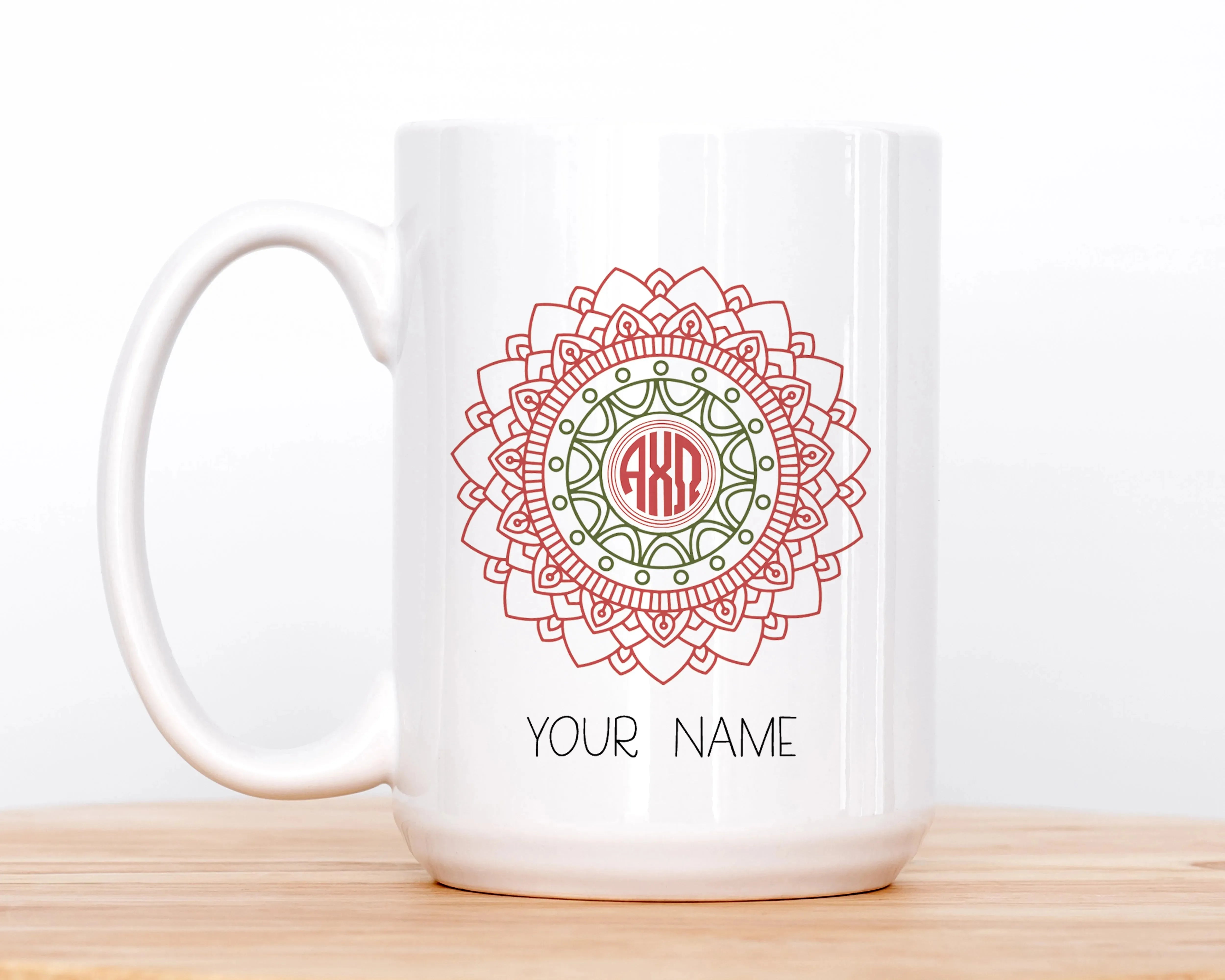 Alpha Chi Omega Personalized Mug Deluxe 15 oz. - Mandala Monogram Drinkware