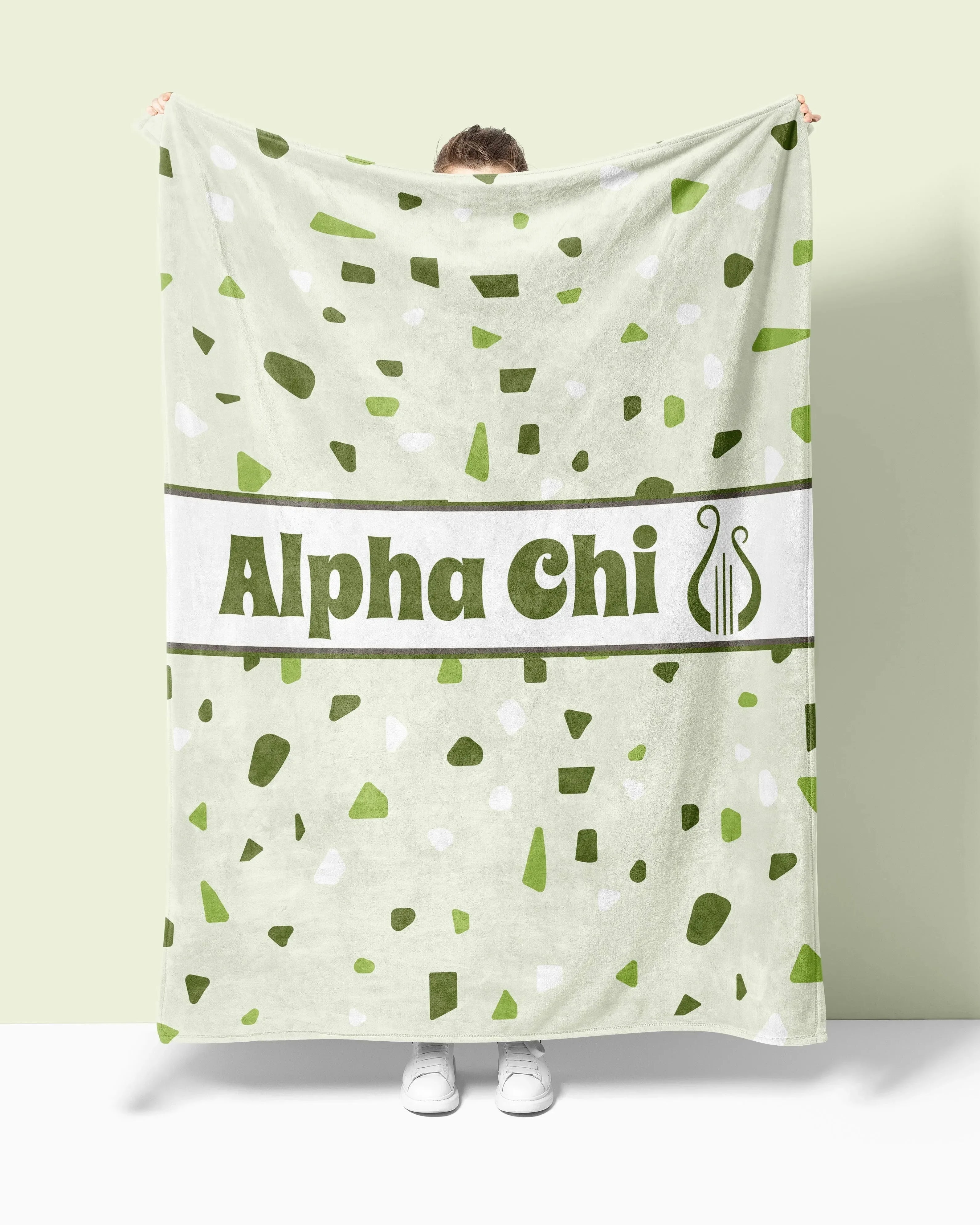 Alpha Chi Omega XL 60x80 Sherpa Throw Blanket Olive Terrazzo Pattern Throw Blankets