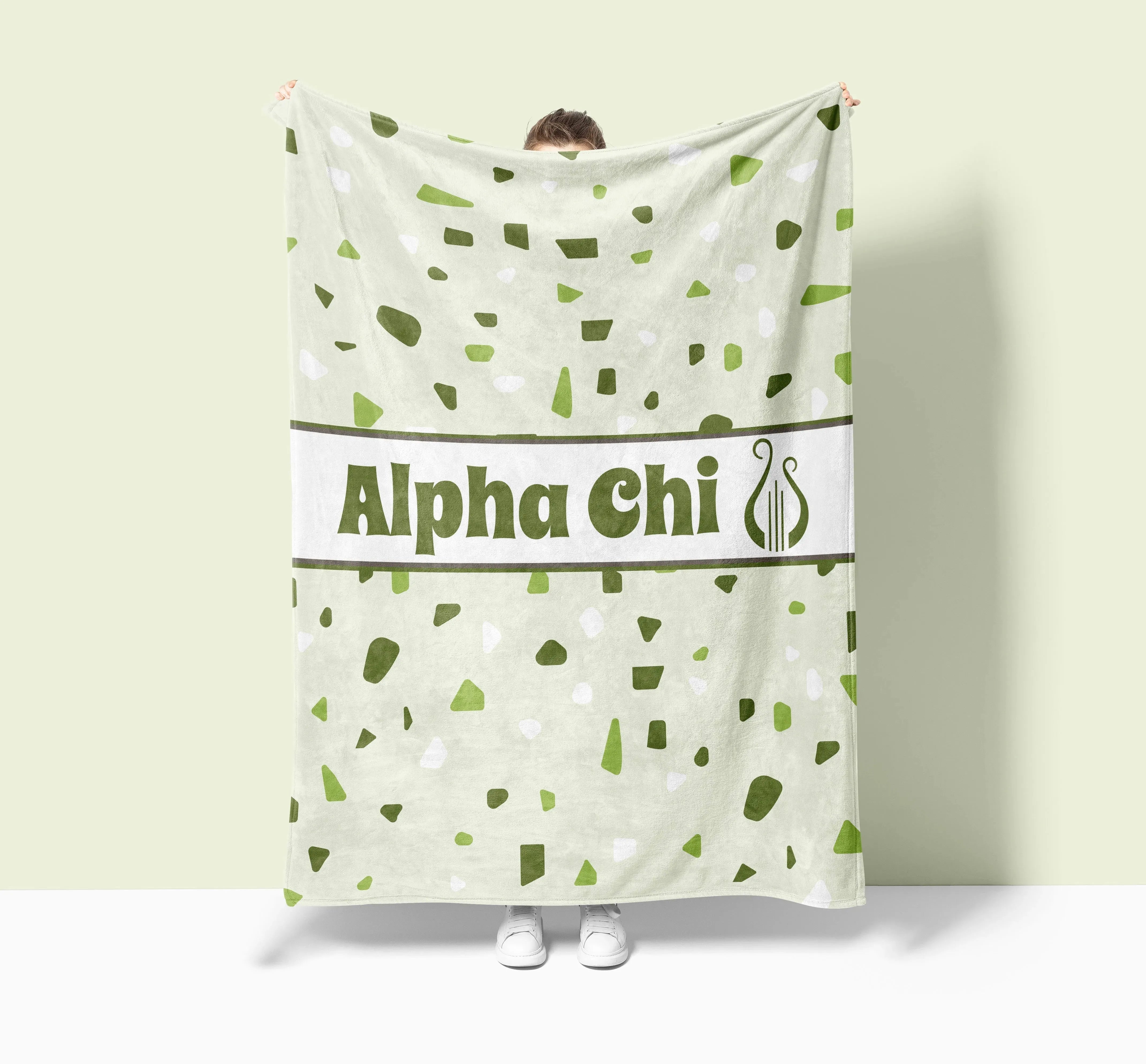 Alpha Chi Omega XL 60x80 Sherpa Throw Blanket Olive Terrazzo Pattern Throw Blankets