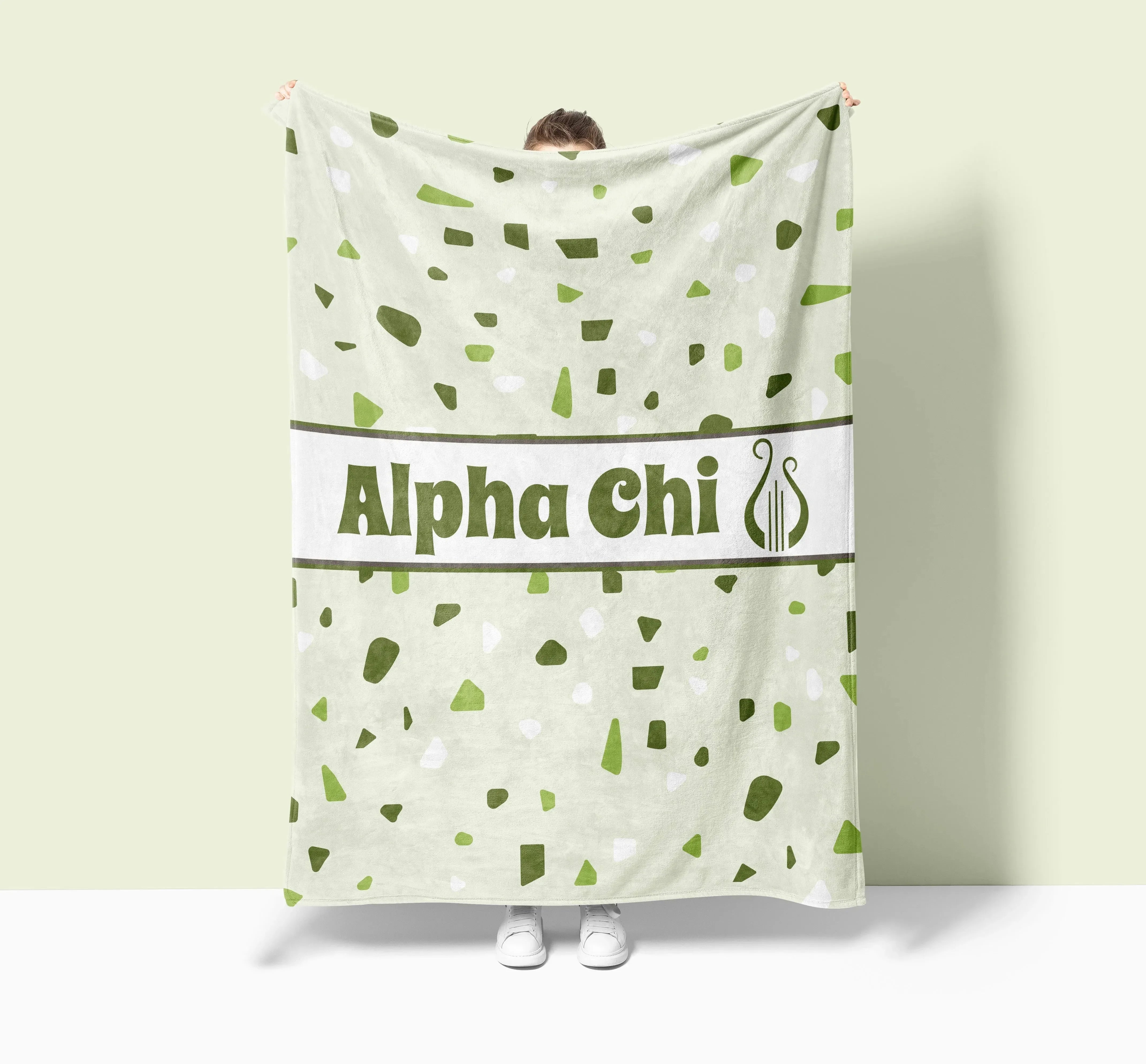 Alpha Chi Omega XL 60x80 Sherpa Throw Blanket Olive Terrazzo Pattern Throw Blankets