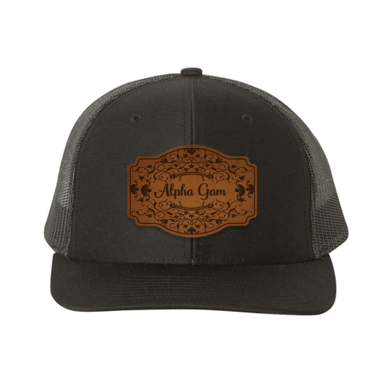 Alpha Gam Richardson 112 Leatherette Patch Trucker Hat - Scroll
