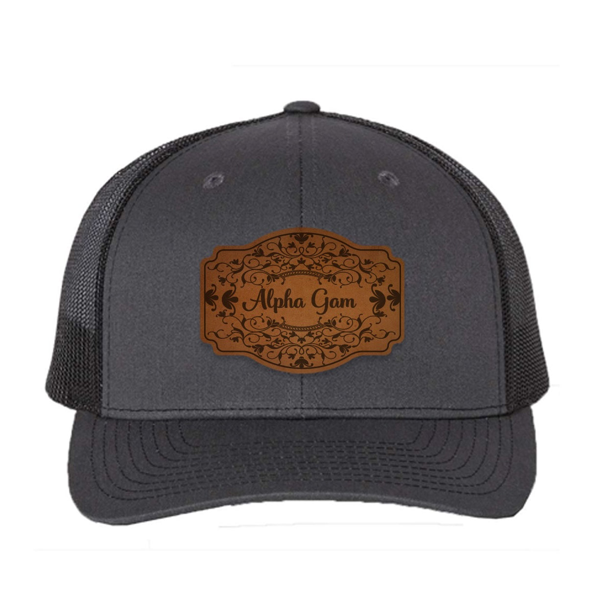 Alpha Gam Richardson 112 Leatherette Patch Trucker Hat - Scroll