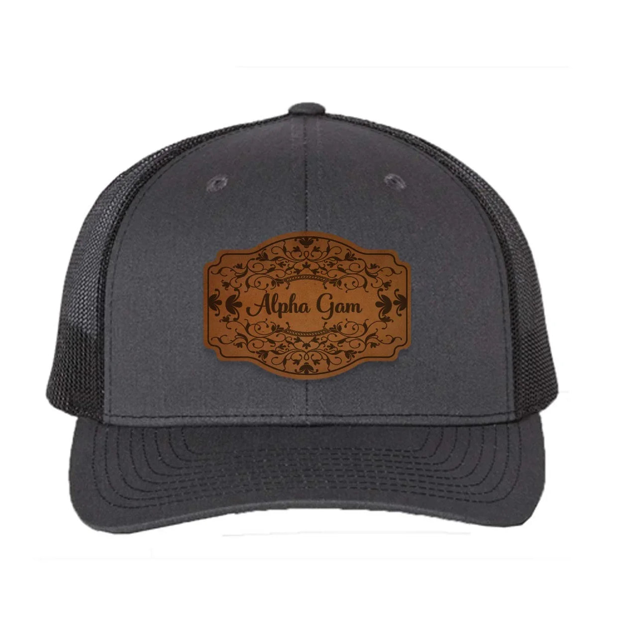 Alpha Gam Richardson 112 Leatherette Patch Trucker Hat - Scroll