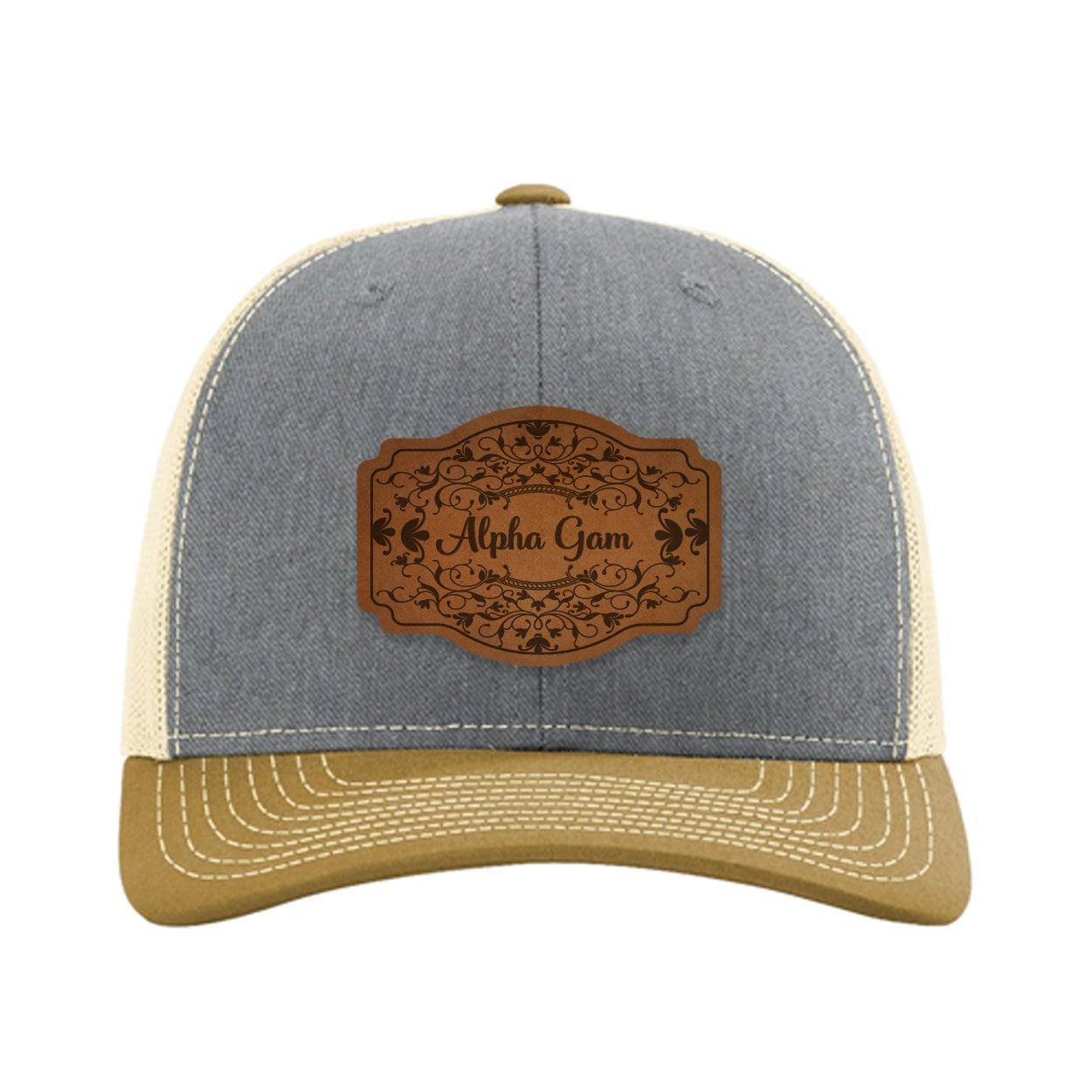 Alpha Gam Richardson 112 Leatherette Patch Trucker Hat - Scroll