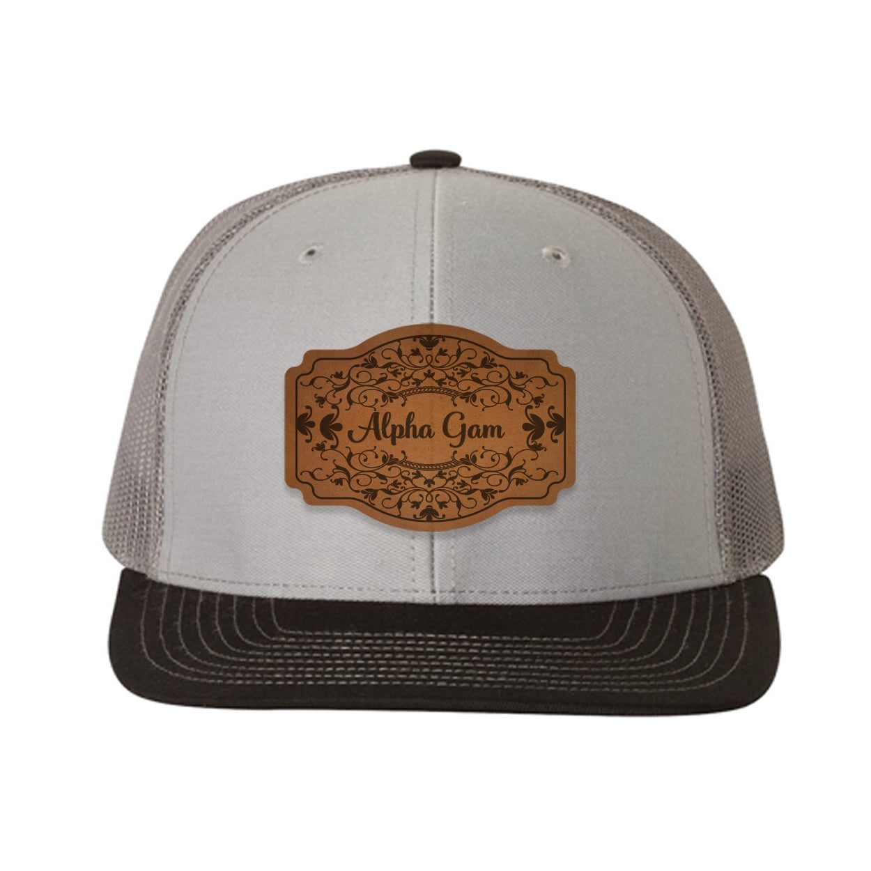 Alpha Gam Richardson 112 Leatherette Patch Trucker Hat - Scroll