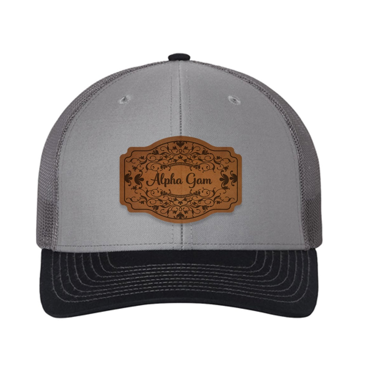 Alpha Gam Richardson 112 Leatherette Patch Trucker Hat - Scroll